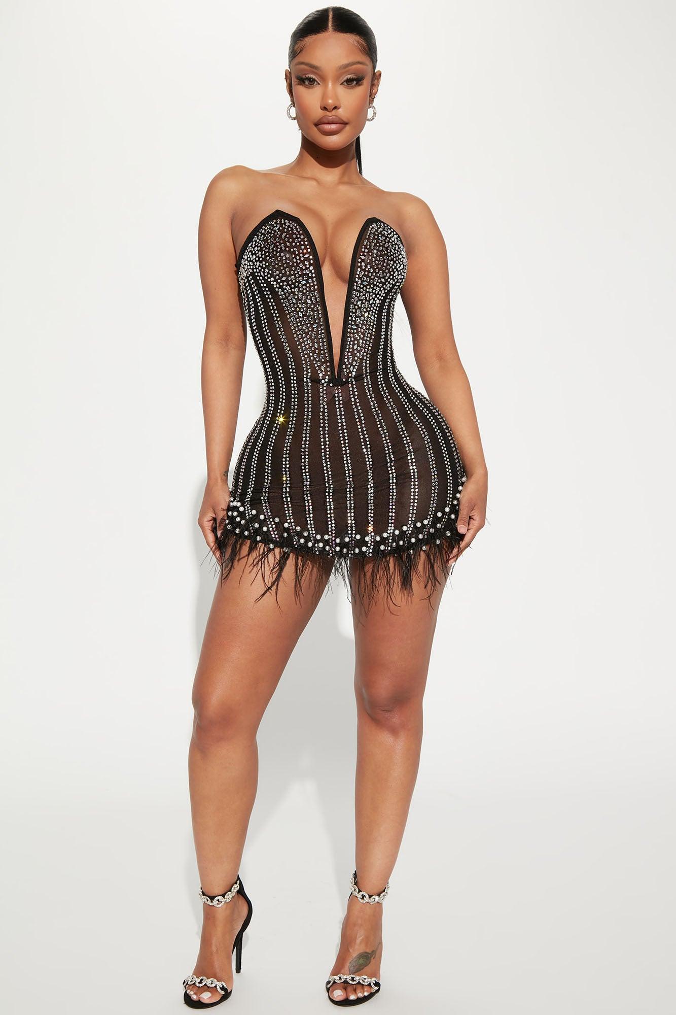 Glammed Up Embellished Mini Dress - Black Product Image