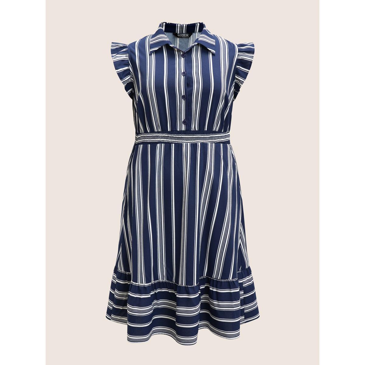 Plus Size Shirt Collar Striped Ruffle Cap Sleeve Dress Navy Women At the Office Shirt collar Cap Sleeve Curvy BloomChic 30/6X Product Image