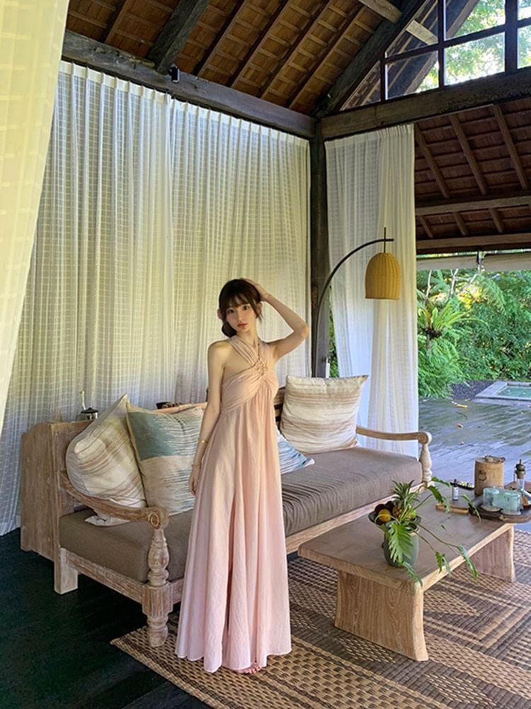 Halter Neck Plain Maxi A-Line Dress Product Image