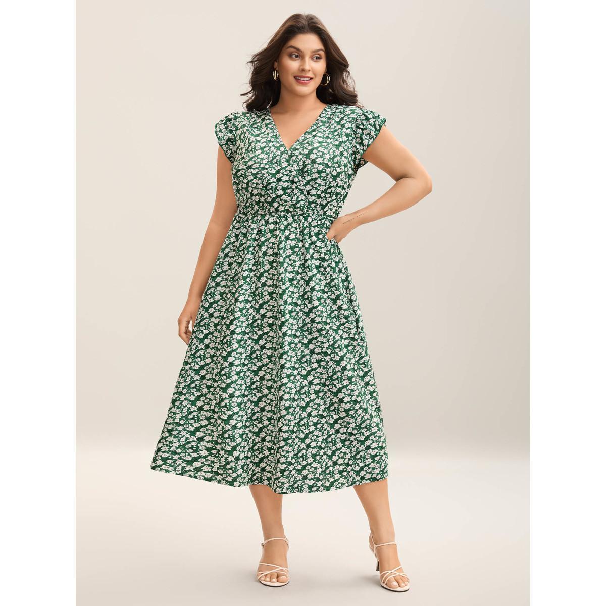 Plus Size Breezy Floral Print Flutter Sleeve Midi Dress Truegreen Women Elegant Ruffles Overlap Collar Cap Sleeve Curvy BloomChic 28/5X Product Image