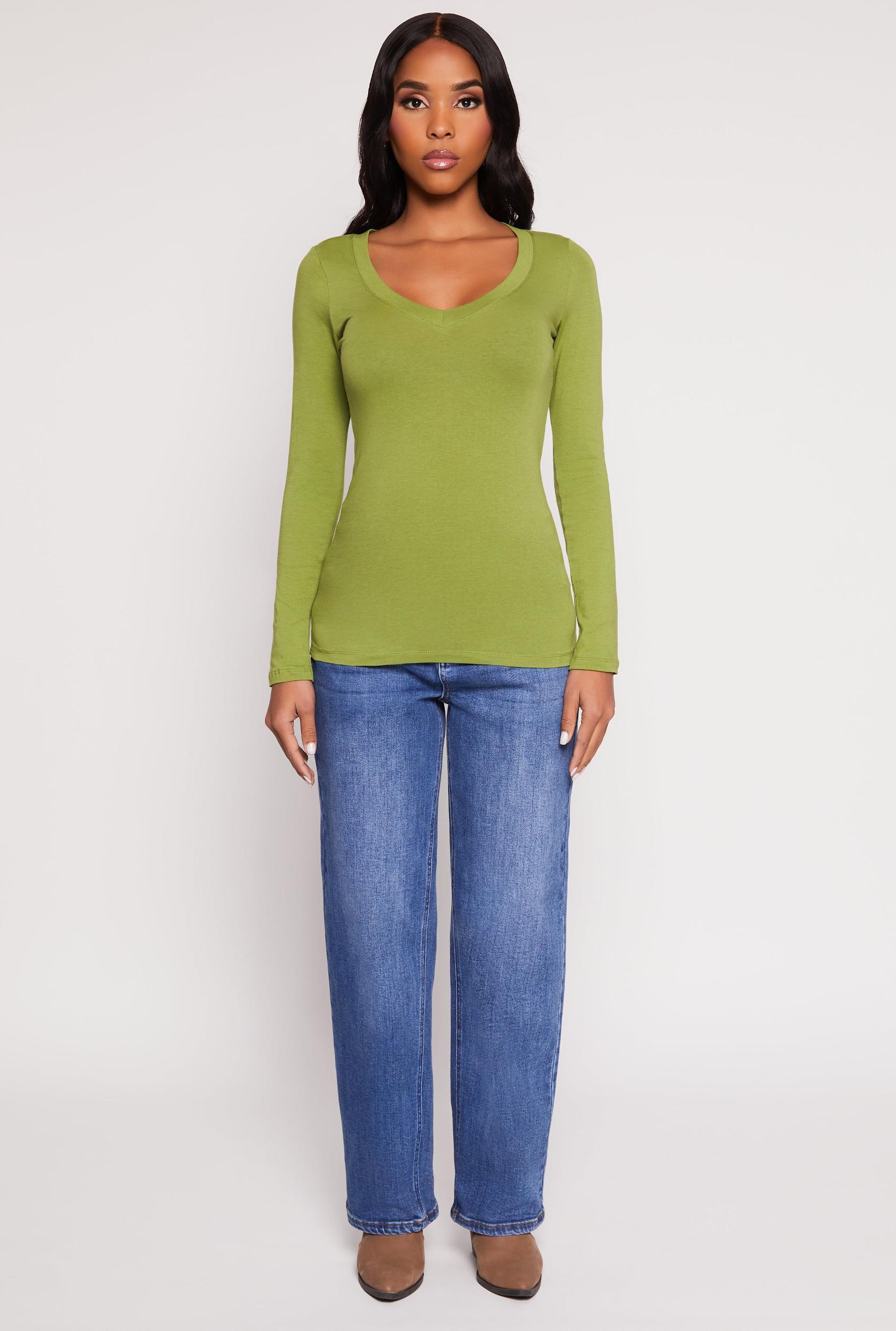 Womens Basic Long Sleeve V Neck Tee Product Image