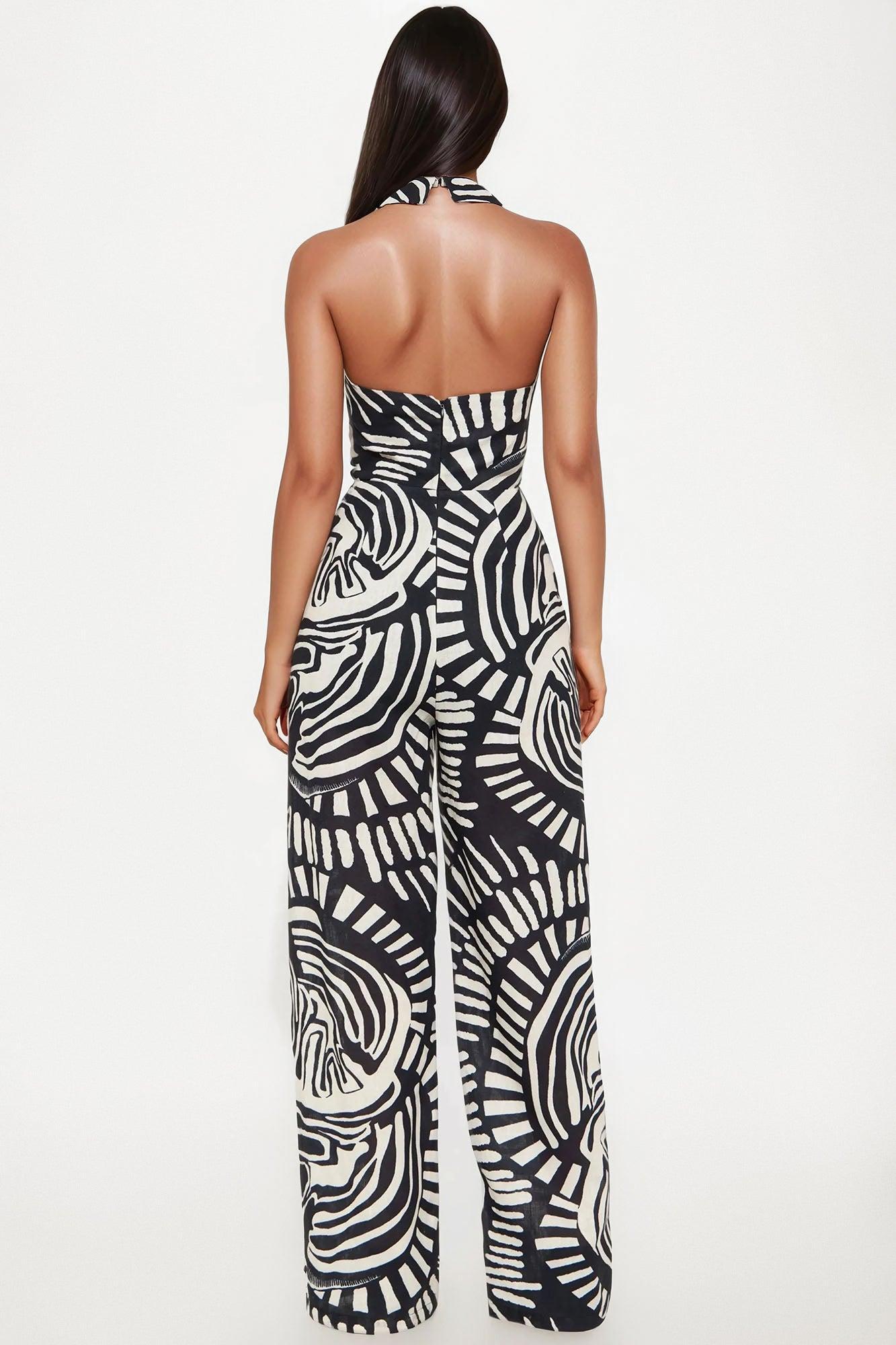 Sign From Above Printed Linen Halter Jumpsuit - Black/combo Product Image