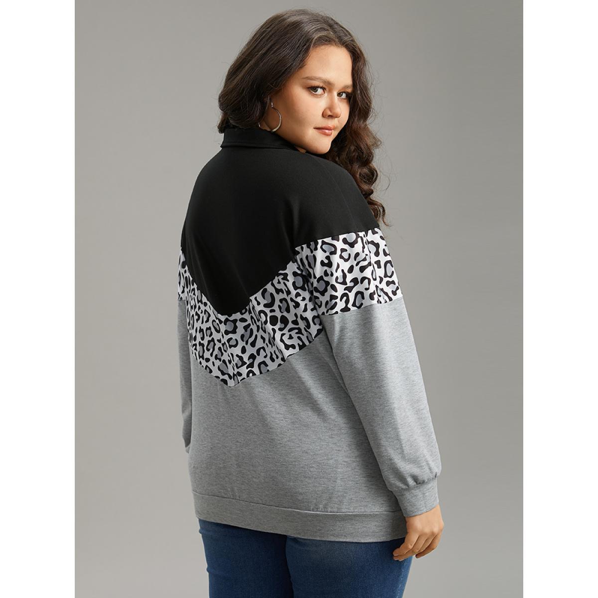 Plus Size Leopard Contrast Patchwork Half Zip Sweatshirt Women Black Casual Elastic cuffs Loose Polo Everyday Sweatshirts BloomChic 26/4X Product Image
