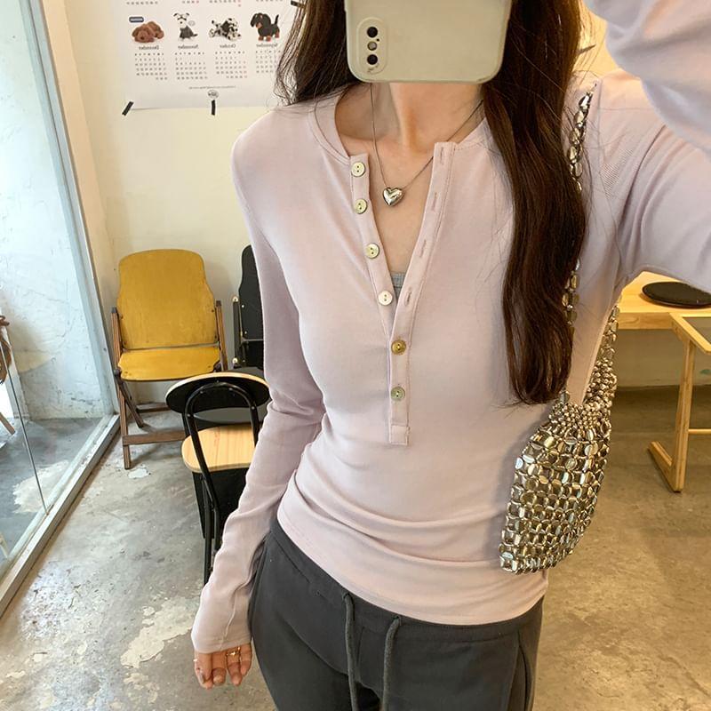 Long-Sleeve Crew Neck Plain Half-Buttoned Slim Fit Tee Product Image