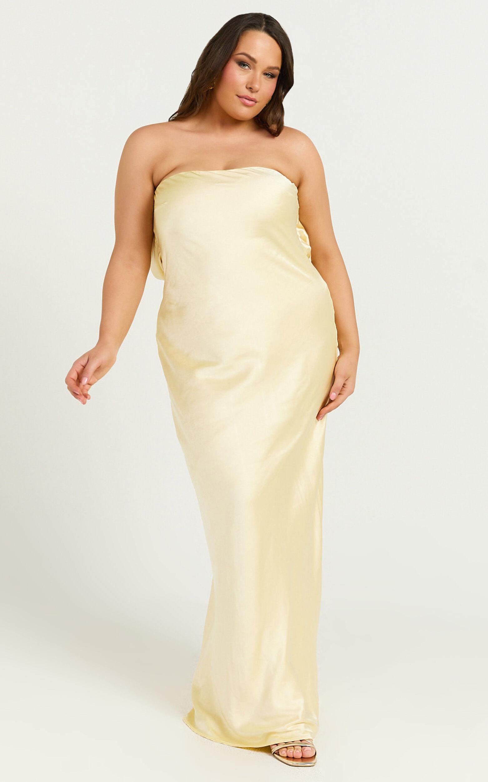 Charlita Maxi Dress - Strapless Cowl Back Satin Dress in Butter Yellow Product Image