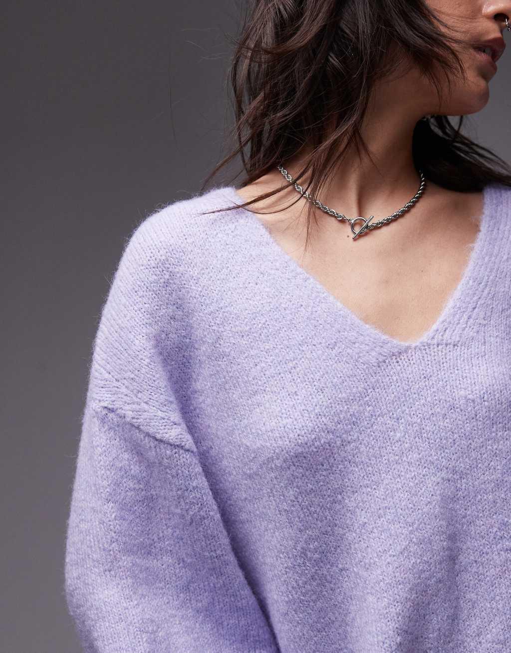 Topshop knitted oversized v-neck sweater in lilac Product Image