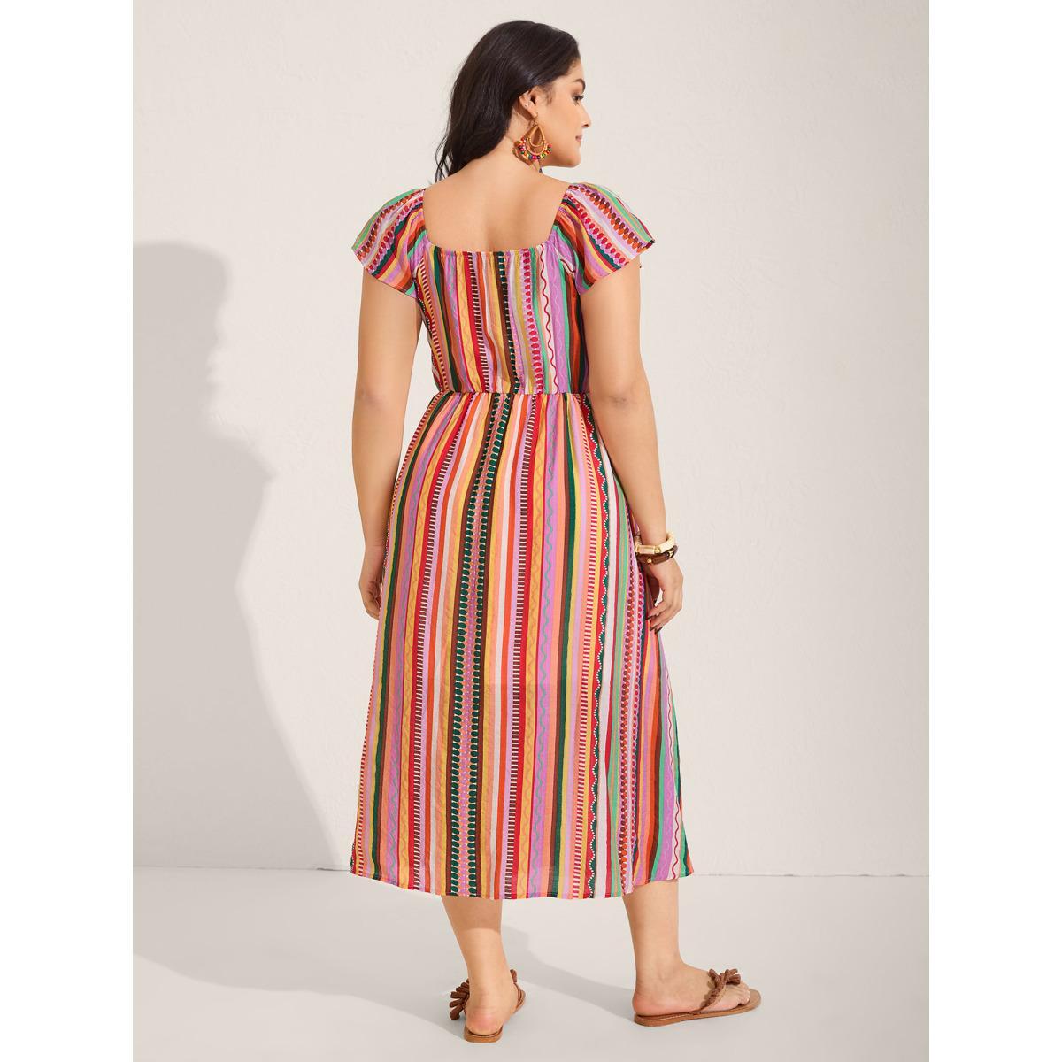 Plus Size Colorful Stripe Flutter Sleeve Pockets Midi Dress Multicolor Women Square Neck Cap Sleeve Curvy BloomChic 12/L Product Image