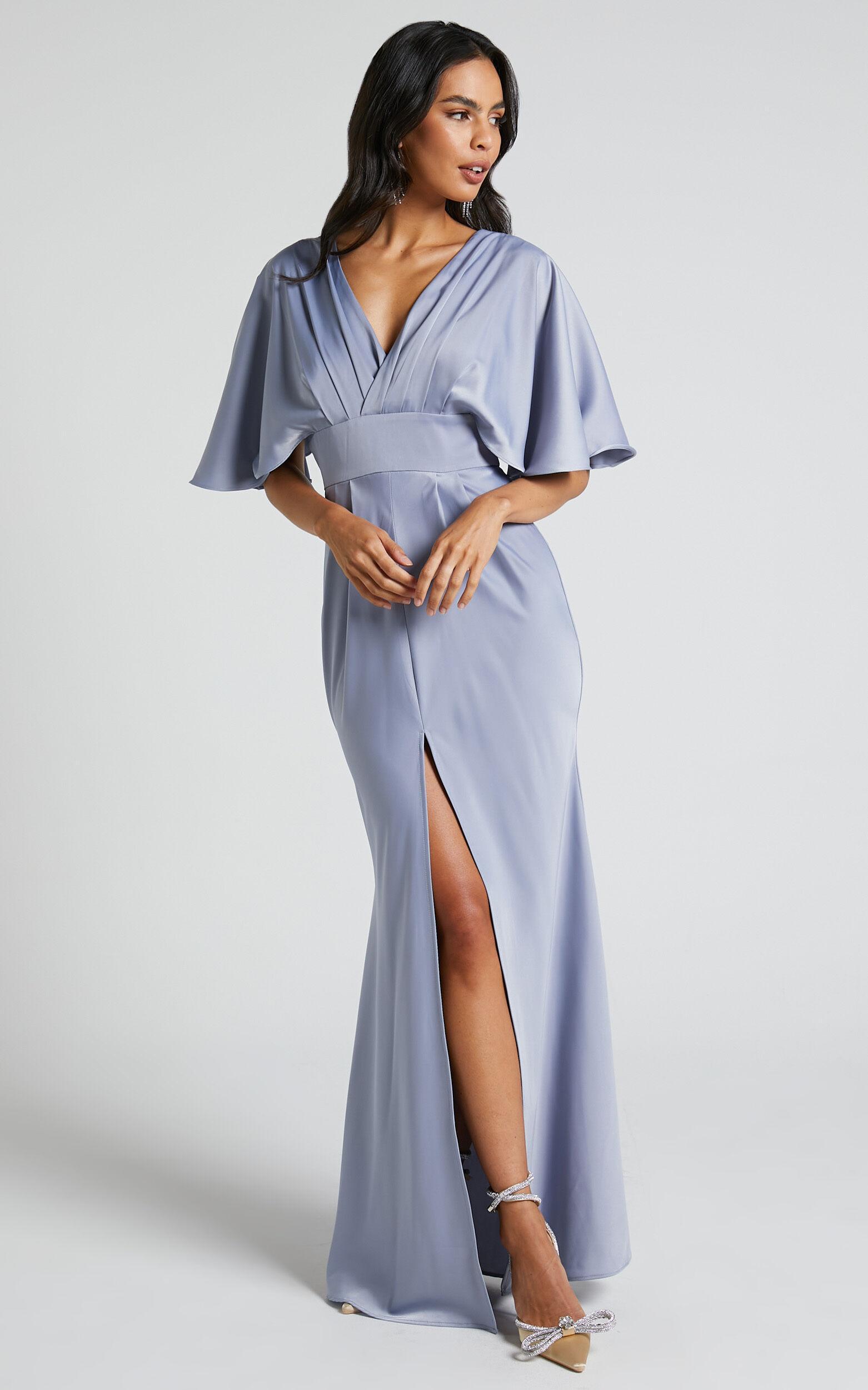 Gemalyn Midi Dress - Angel Sleeve V Neck Split Dress in Sky Blue Product Image