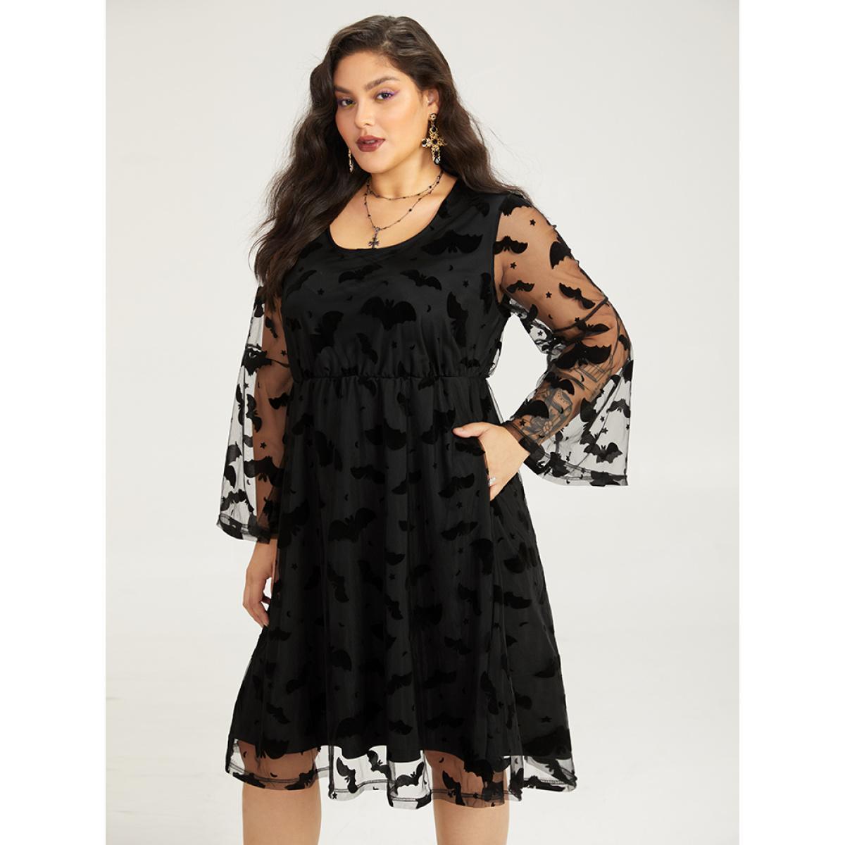Plus Size Halloween Bat Print Mesh Long Sleeve Dress Black Women Elegant See through Round Neck Long Sleeve Curvy Midi Dress BloomChic 12/L Product Image