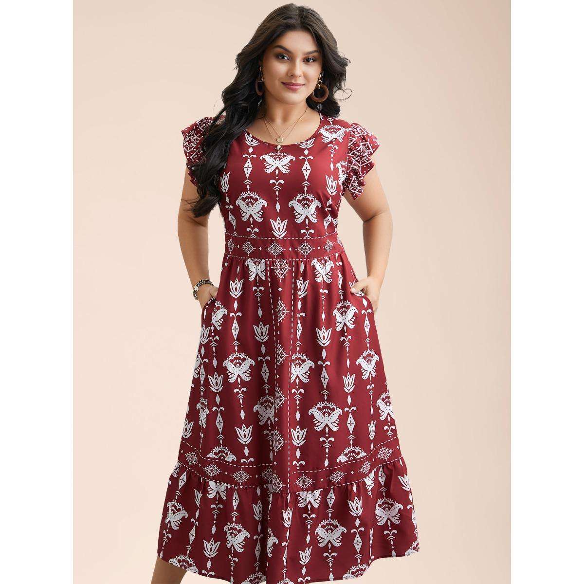 Plus Size Boho Print Stretchy-Waist Ruffled Midi Dress Russet Women Resort Shirred Round Neck Cap Sleeve Curvy BloomChic 18-20/2X Product Image