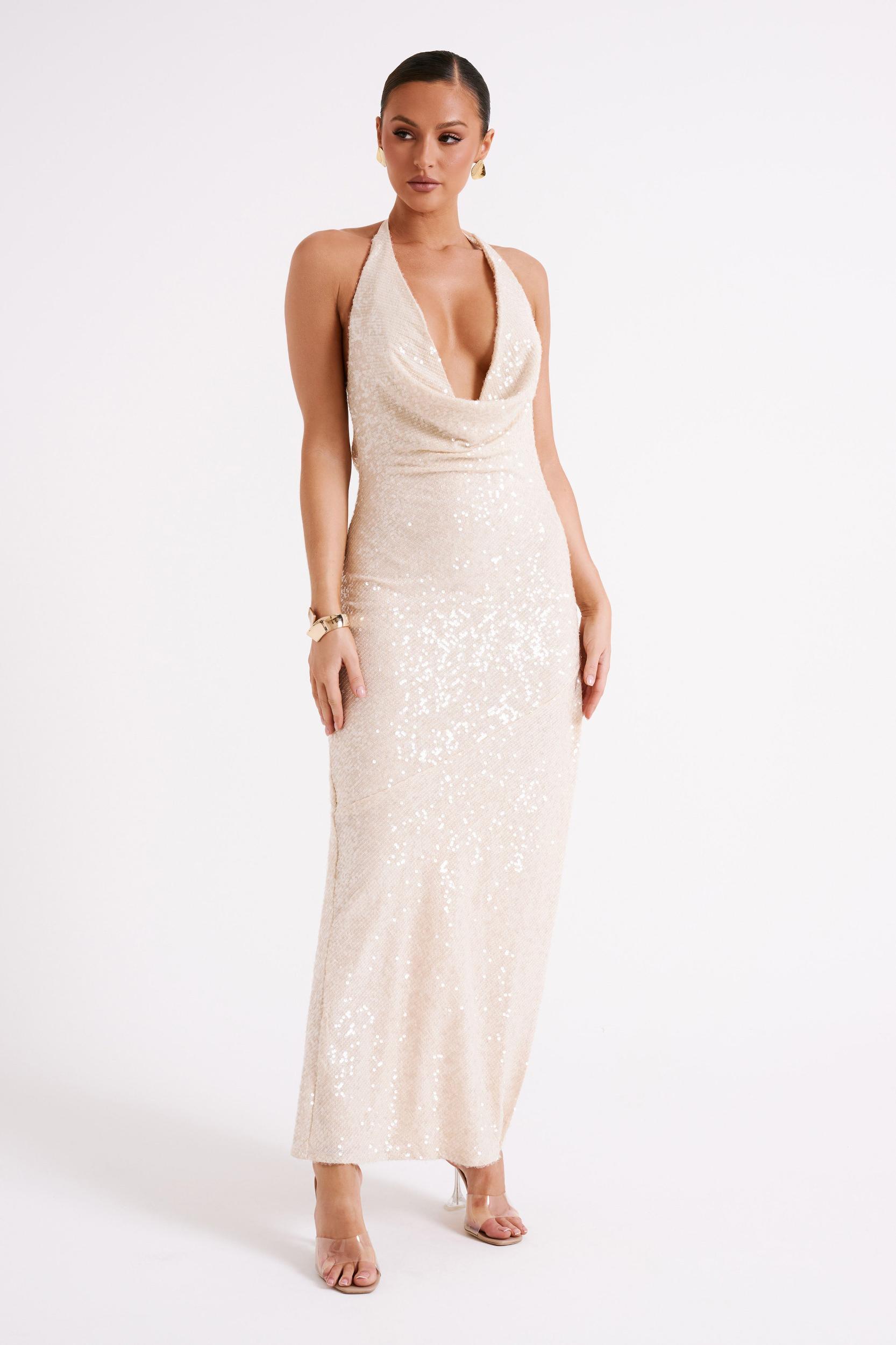 Blakely Halter Sequin Maxi Dress - Cream Product Image