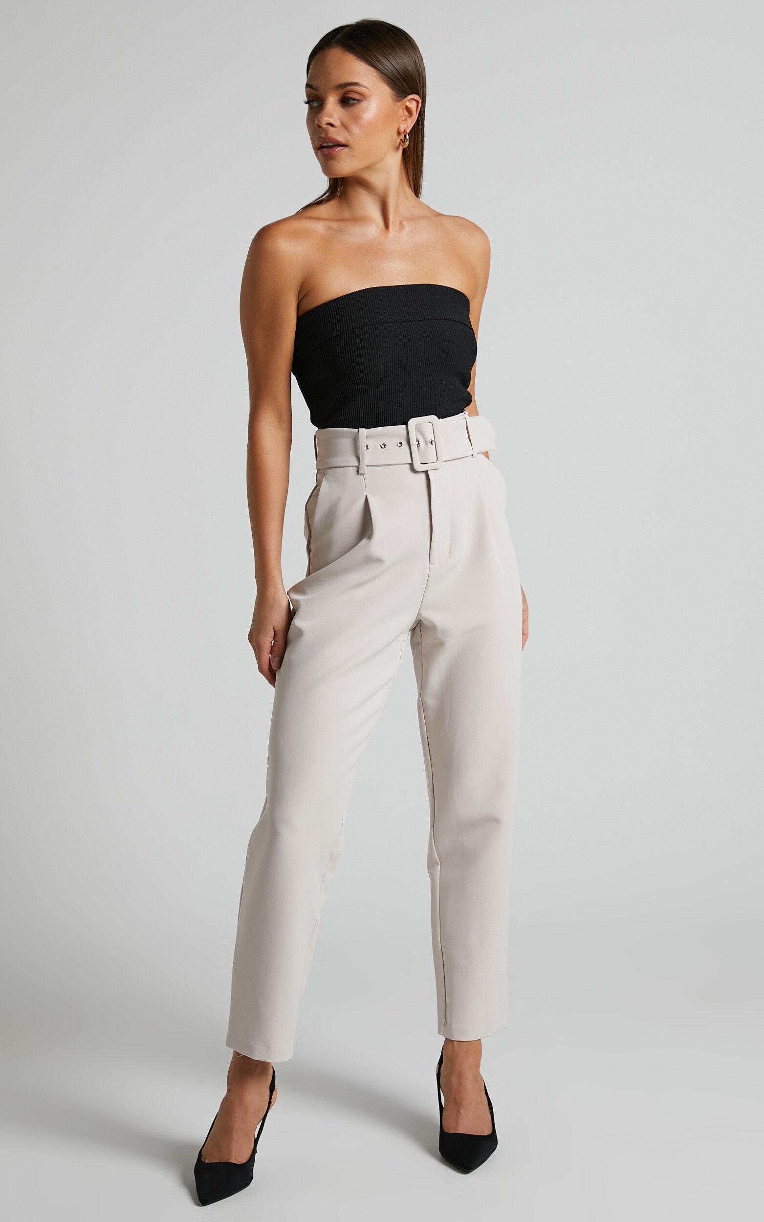 Milica Trousers - Belted High Waisted Trousers in Beige Product Image