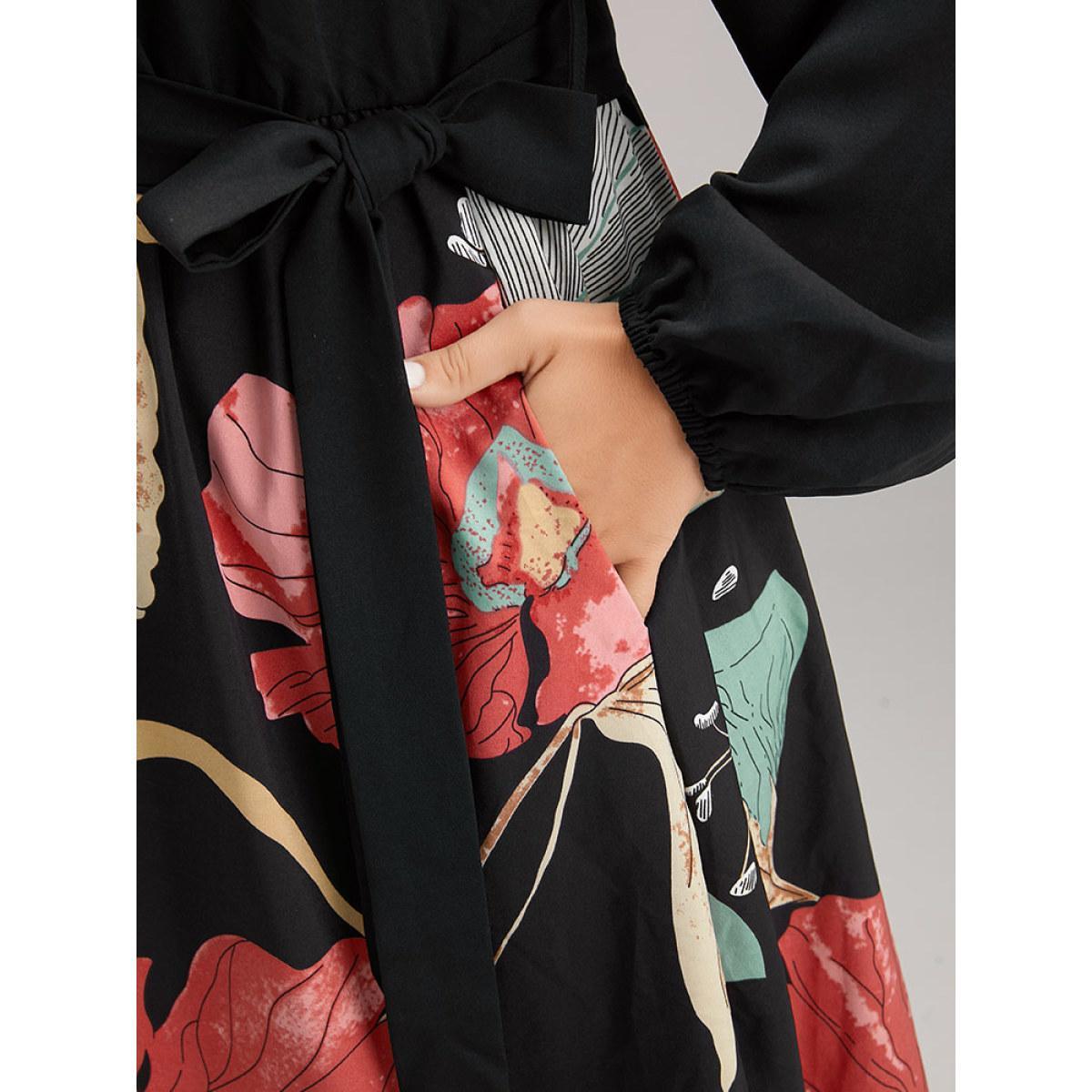 Plus Size Floral Print Patchwork Notched Belted Dress Black Women Elegant Elastic cuffs Notched collar Long Sleeve Curvy Midi Dress BloomChic 14-16/1X Product Image