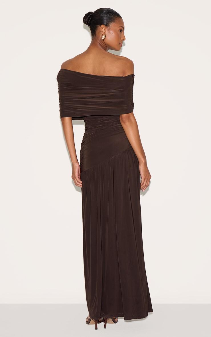 Chocolate Brown Double Layer Slinky Bardot One Shoulder Ruched Maxi Dress Product Image