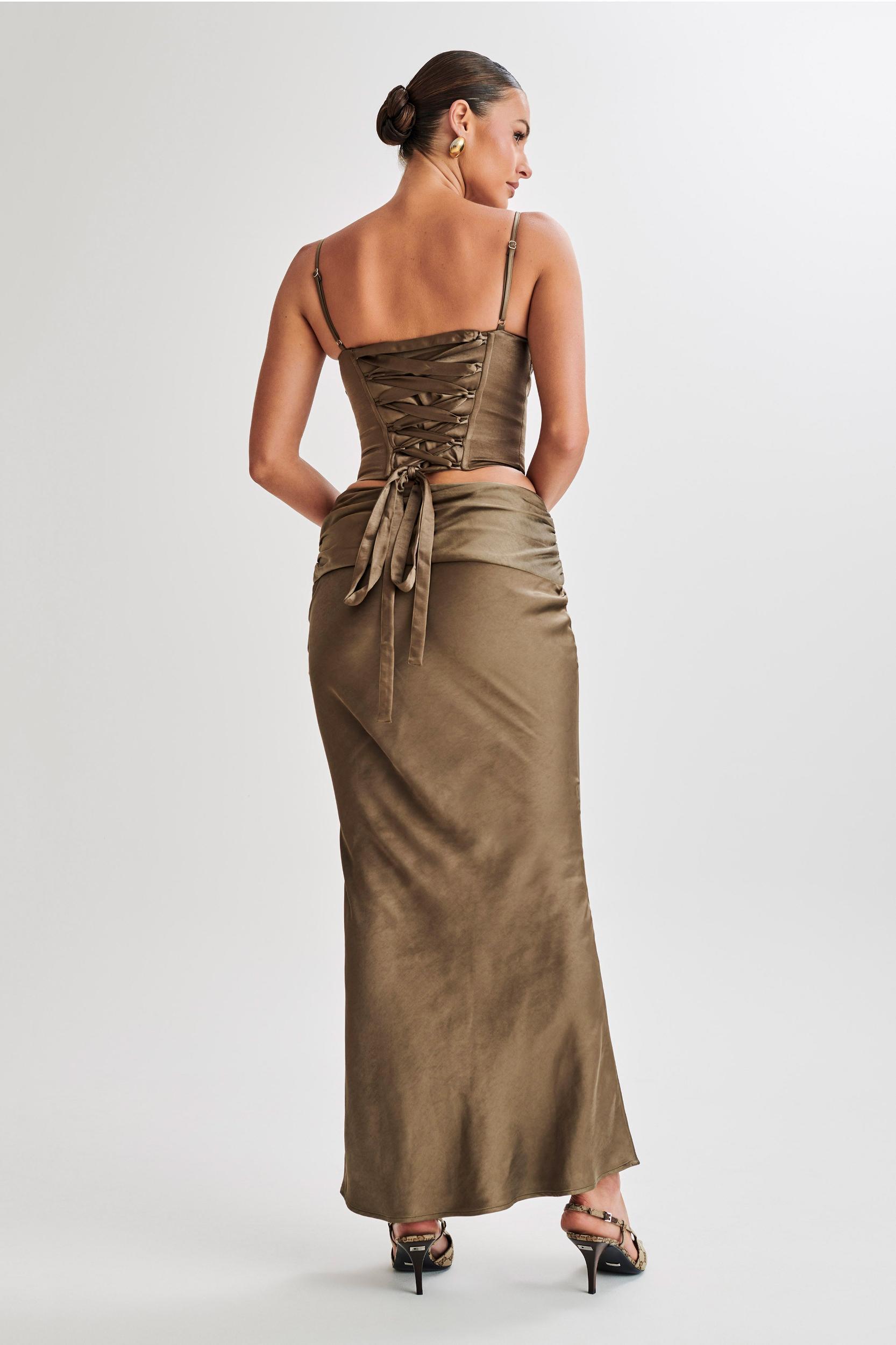 Khalani Ruched Satin Maxi Skirt - Khaki Product Image