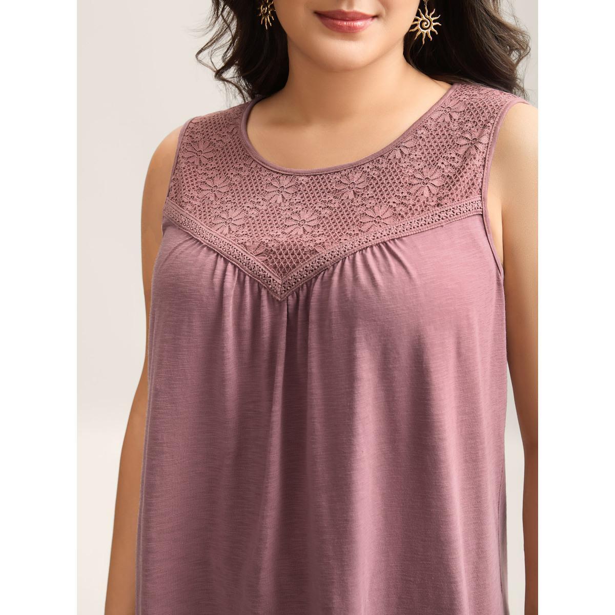 Plus Size Plain Stretchy Lace Tank Top Women Deeppurplered Woven ribbon&lace trim Round Neck Vacation Tank Tops Camis BloomChic 18-20/2X Product Image