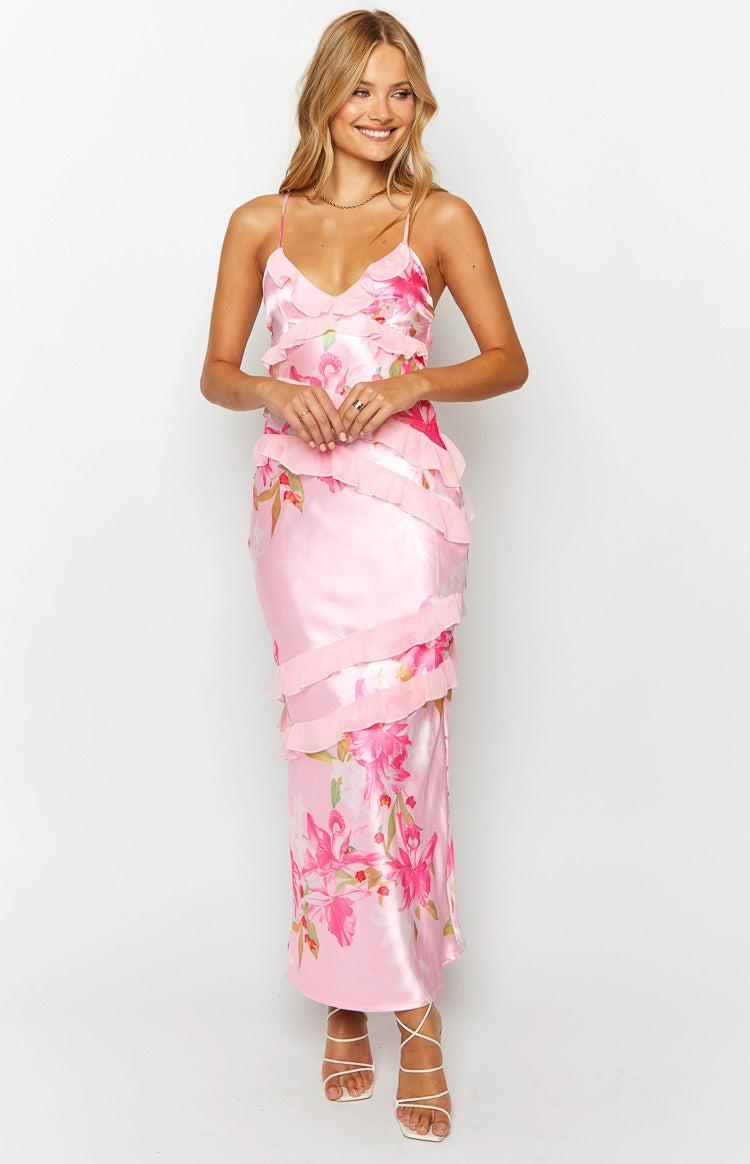 Inara Pink Floral Print Ruffle Maxi Dress Product Image