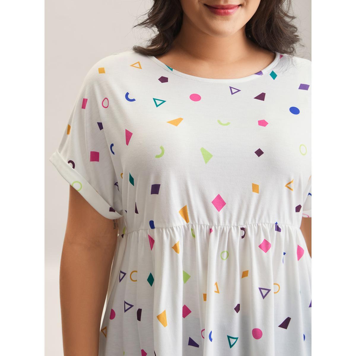 Plus Size Fun Geometric Print Babydoll Top Ivory Women Gathered Round Neck Everyday-Casual T-shirts BloomChic 18-20/2X Product Image