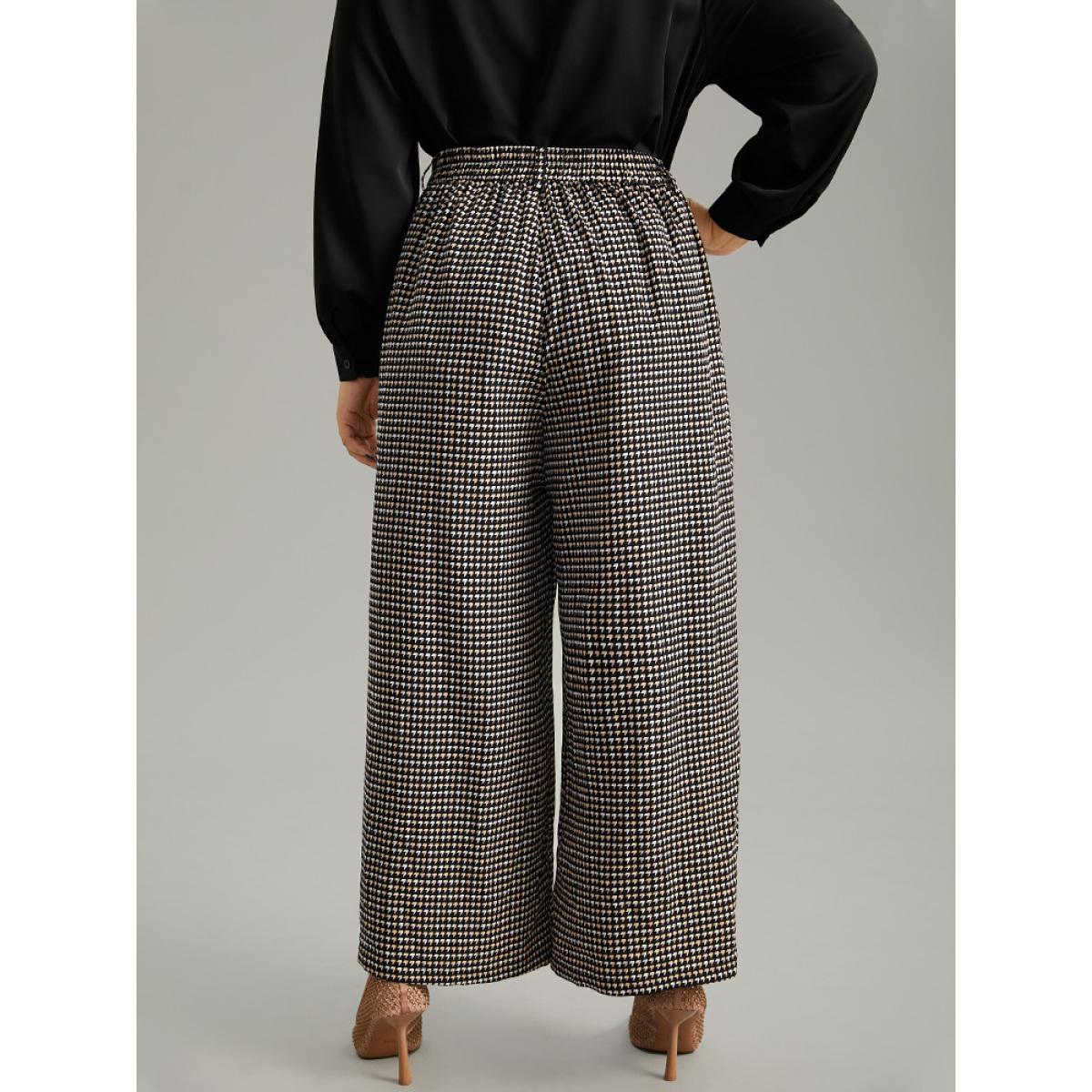 Plus Size Houndstooth Elastic Waist Straight Leg Pants Women Black Office Straight Leg High Rise Work Pants BloomChic 12/L Product Image