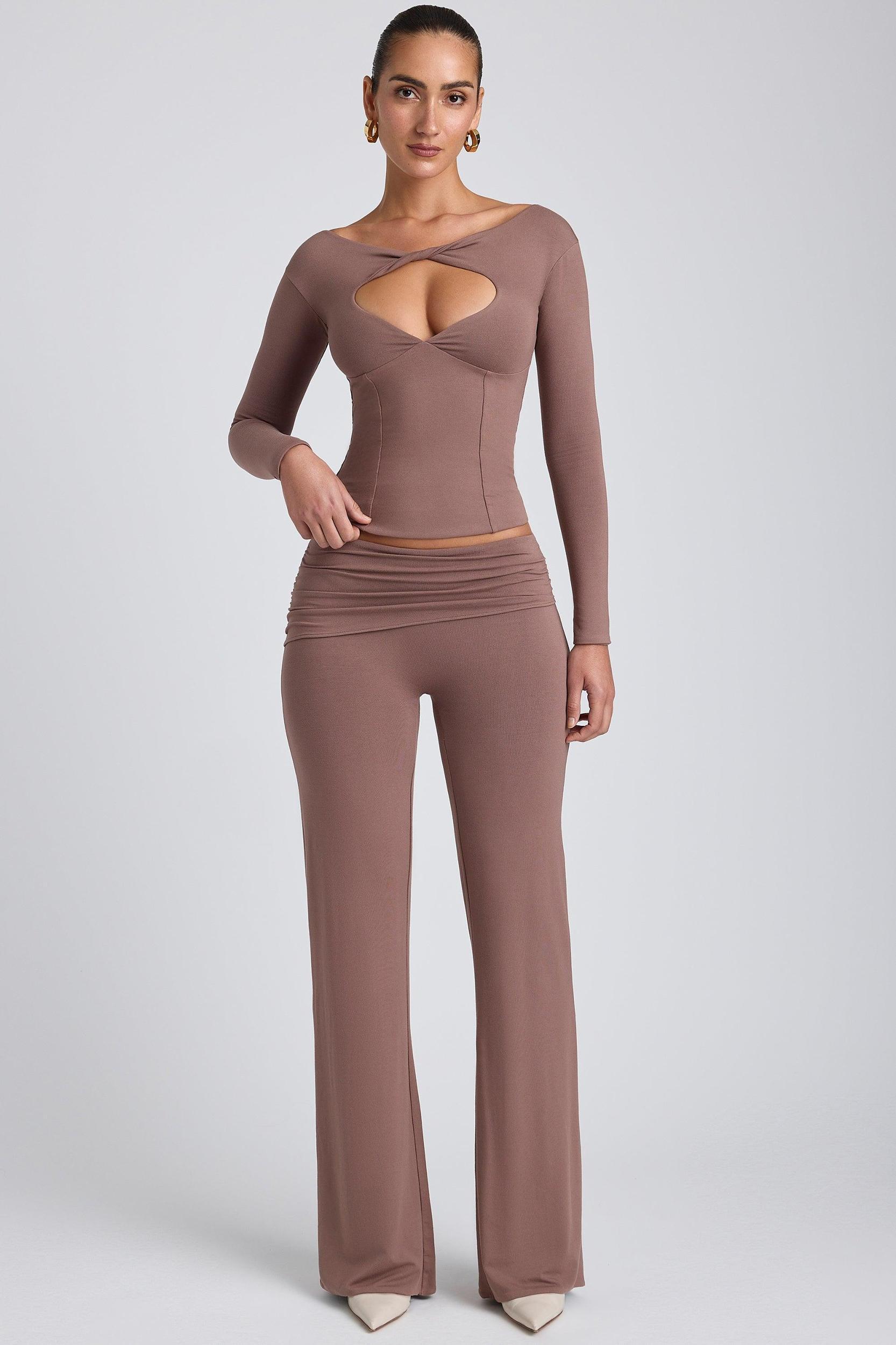 Modal Twist-Front Long-Sleeve Crop Top in Taupe Product Image