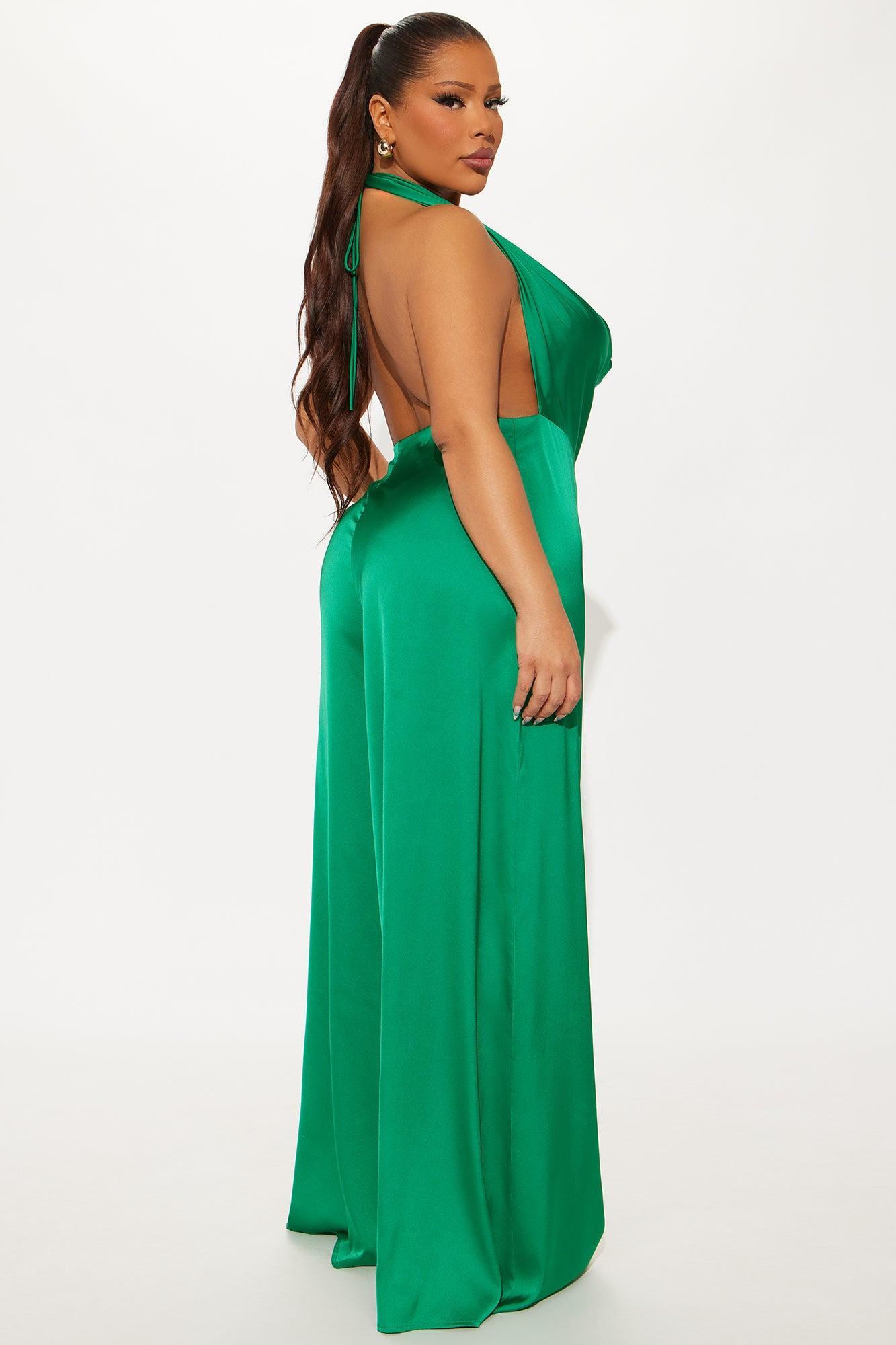 Sun and Sips Solid Satin Jumpsuit - Green Product Image