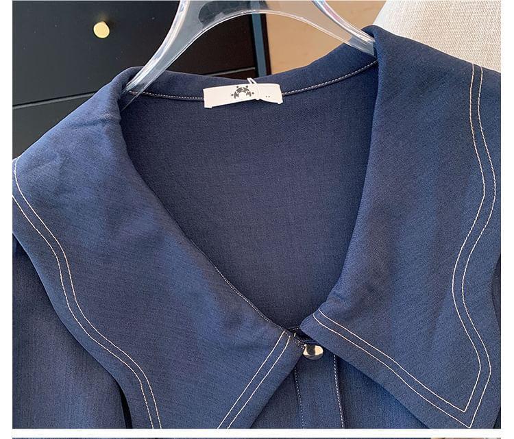 Plus Size Long-Sleeve Sailor Collar Contrast Stitched Button-Up Midi A-Line Dress Product Image