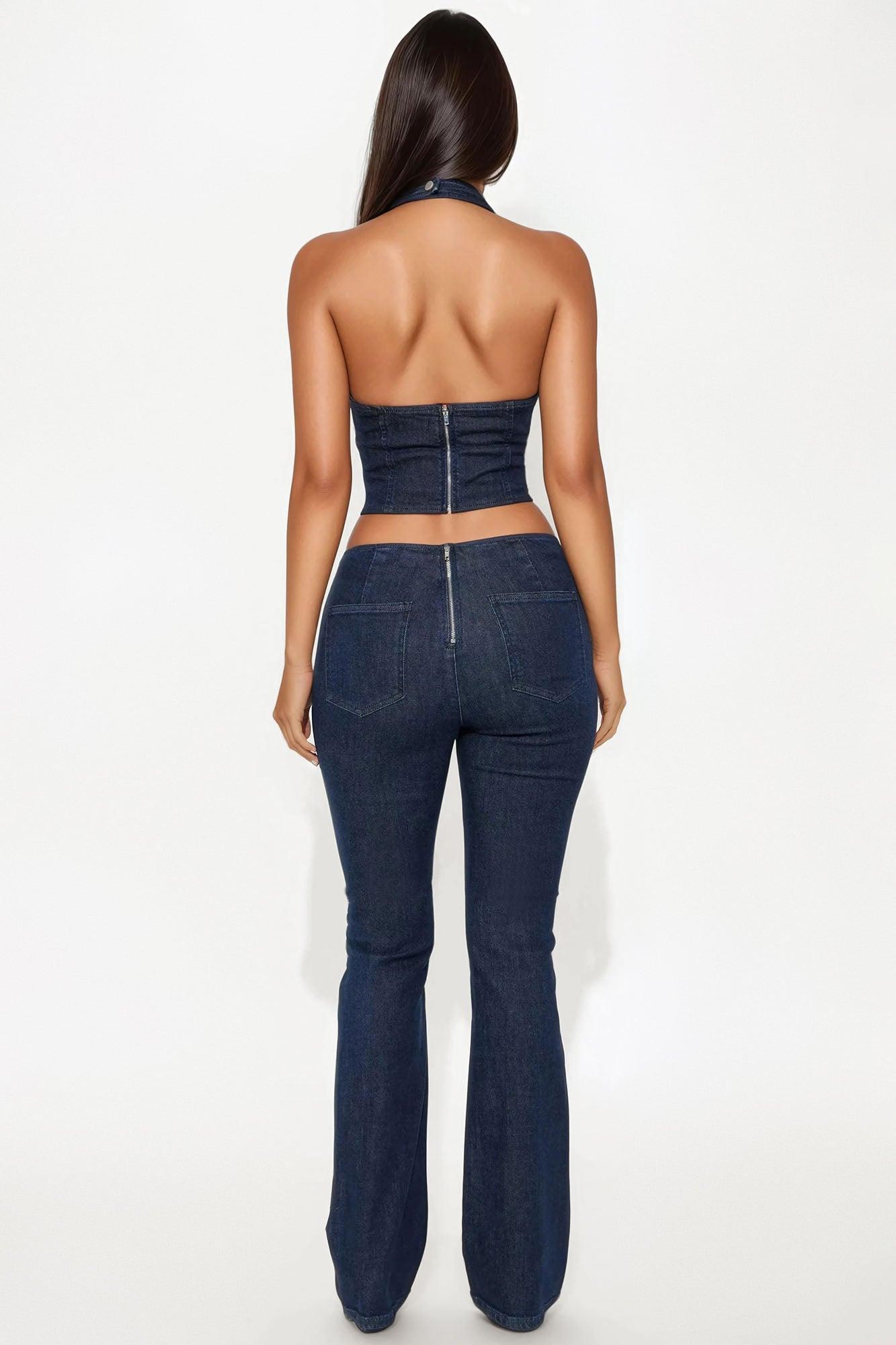 Andrea Halter And Flare Leg Pant Set - Dark Wash Product Image