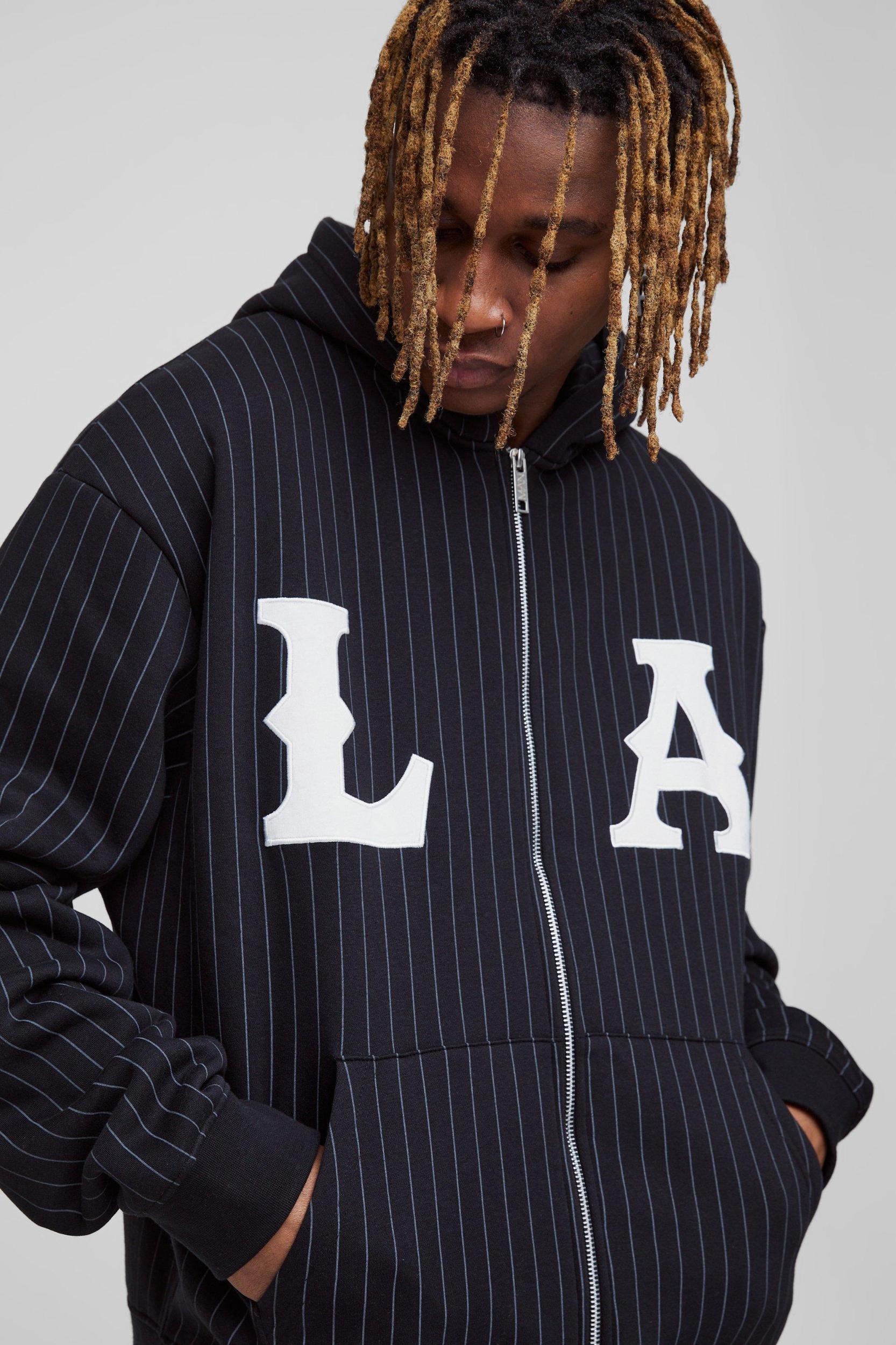 Tall Oversized Boxy Zip Thru LA Applique Stripe Hoodie | boohooMAN USA Product Image