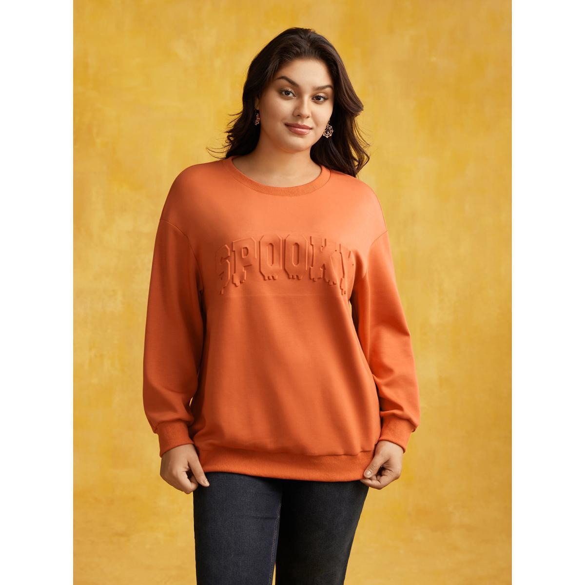 Plus Size Supersoft Essentials Drop Shoulder Halloween Sweatshirt Women Brightorange Casual Patchwork Loose Round Neck Everyday Sweatshirts BloomChic 22-24/3X Product Image