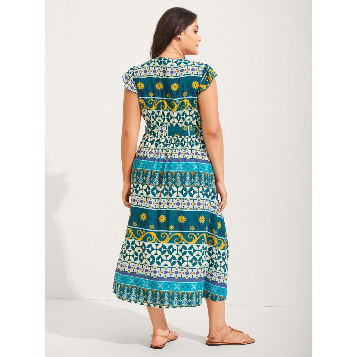 Plus Size Rayon Boho Stretchy Waist Pockets Midi Dress Multicolor Women V-neck Cap Sleeve Curvy BloomChic 18-20/2X Product Image
