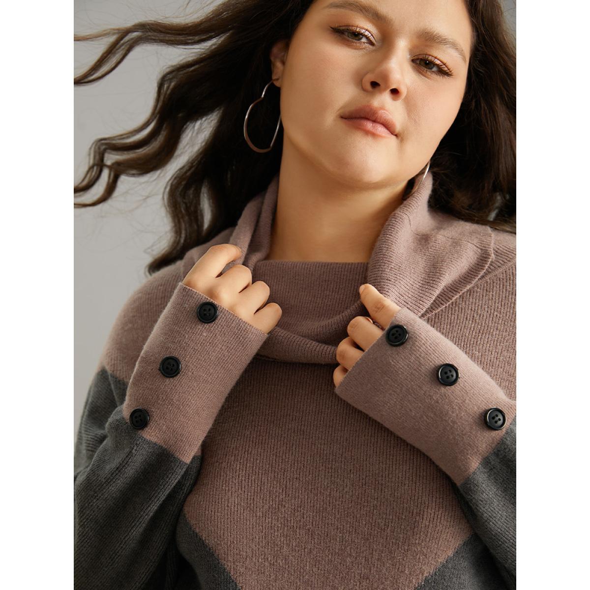 Plus Size Supersoft Essentials Turtleneck Contrast Button Detail Pullover DimGray Women Casual Loose Long Sleeve Turtleneck Dailywear Pullovers BloomChic 28/5X Product Image