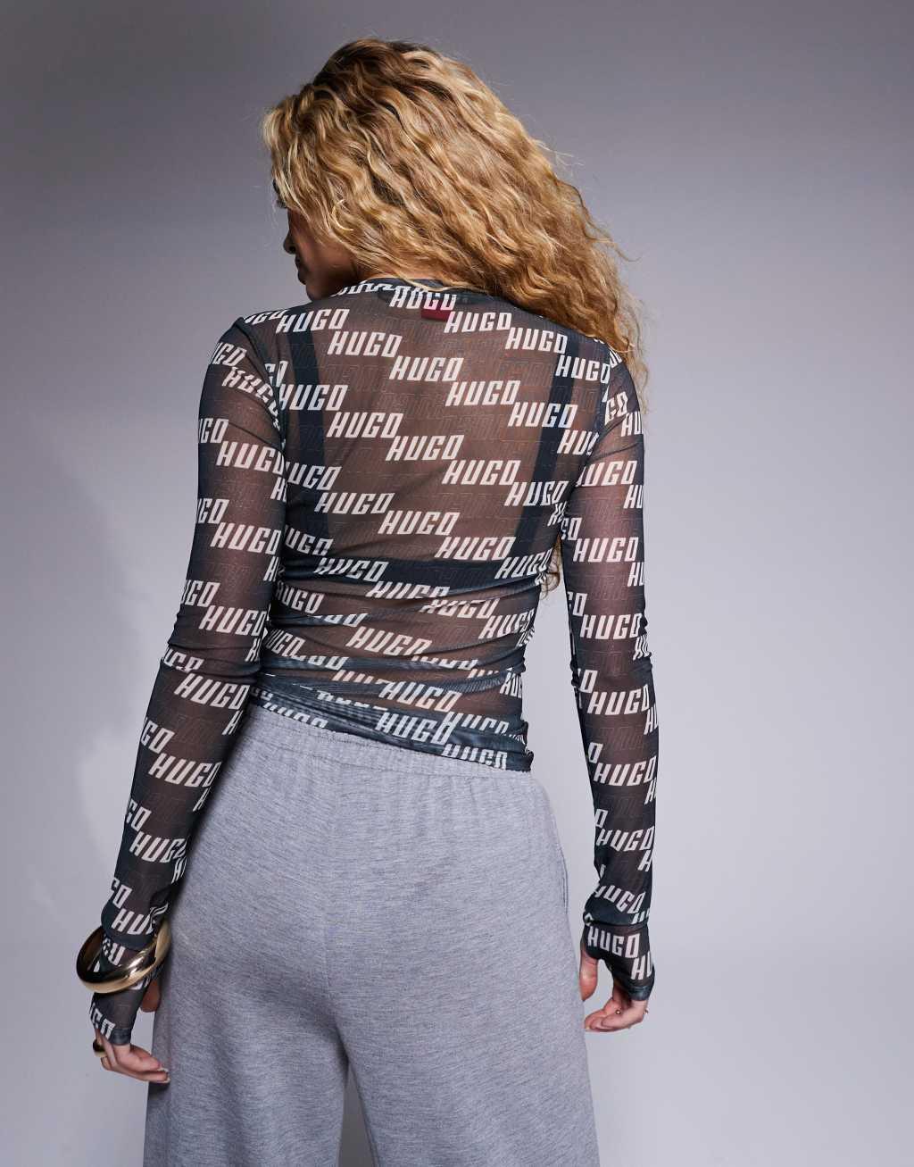 HUGO Red Delonie repeat logo mesh long sleeve top in black Product Image