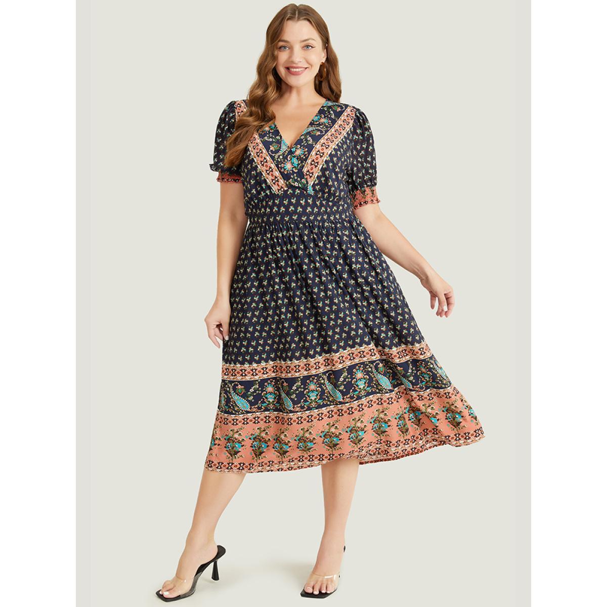 Plus Size Bandana Print Shirred Puff Sleeve Pocket Wrap Empire Waist Dress Indigo Women Vacation Wrap V-neck Short sleeve Curvy Midi Dress BloomChic 22-24/3X Product Image