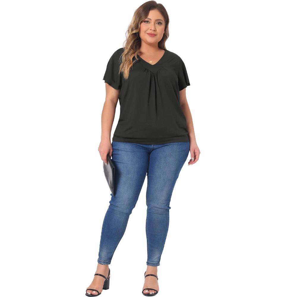 Agnes Orinda Women's Plus Size Pleat V Neck Ruffle Short Sleeve Summer Plain Blouse Product Image