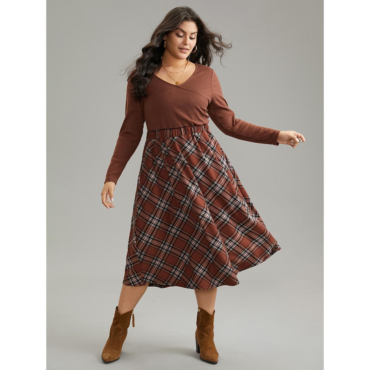 Plus Size Plaid Elastic Waist Patchwork Rib Knit Dress Maroon Women Elegant Printed Round Neck Long Sleeve Curvy Midi Dress BloomChic 14-16/1X Product Image