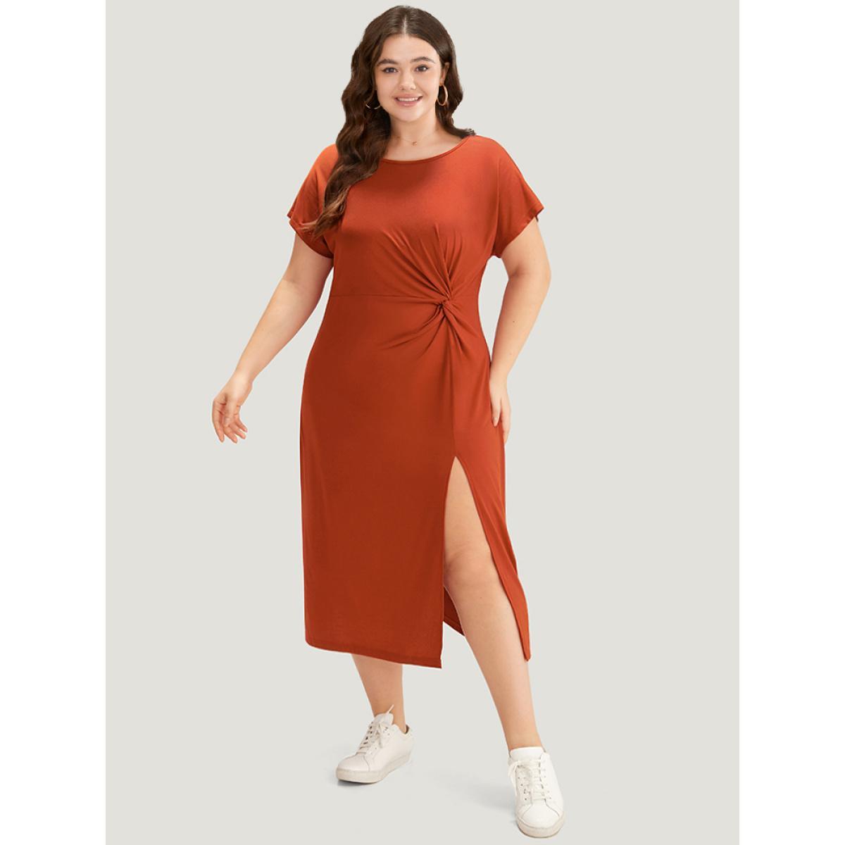 Plus Size Supersoft Essentials Solid Twist Front Split Hem Dress Rust Women Casual Plain Round Neck Short sleeve Curvy Midi Dress BloomChic 30/6X Product Image