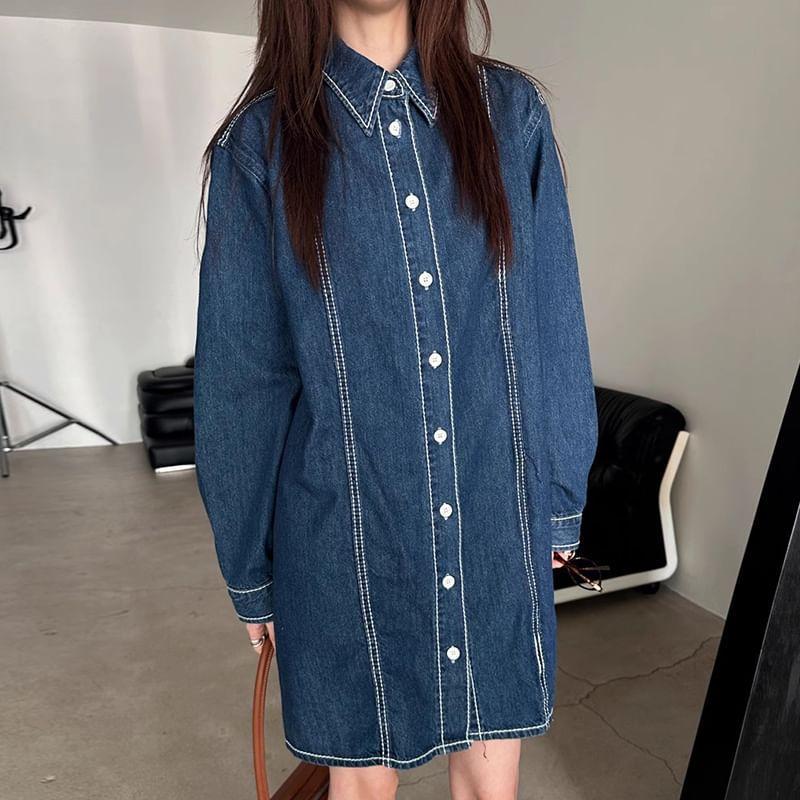 Long-Sleeve Denim Mini Shirt Dress Product Image