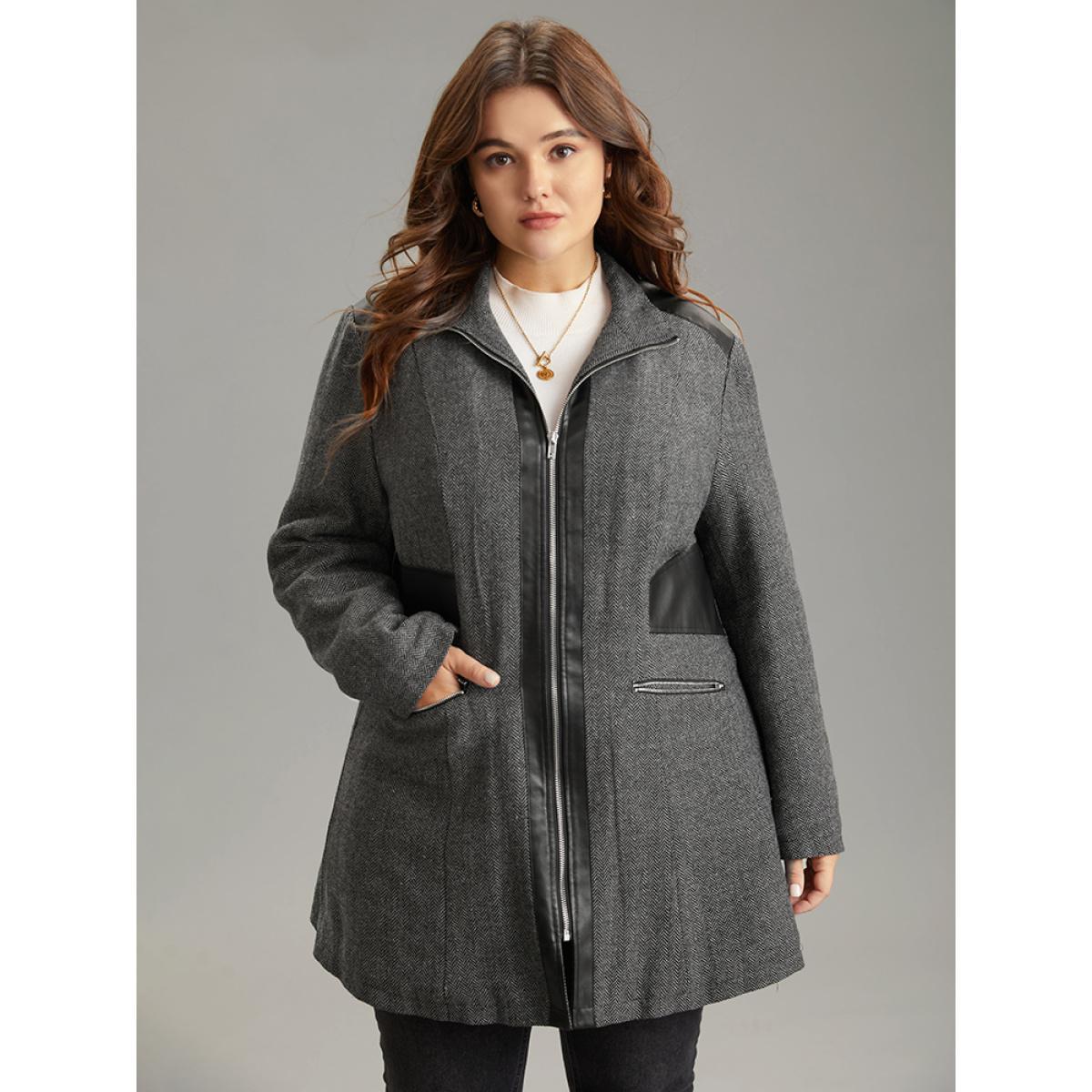 Plus Size Padded Patchwork PU Leather Zipper Coat Women Black Casual Texture Ladies Dailywear Winter Coats BloomChic 22-24/3X Product Image
