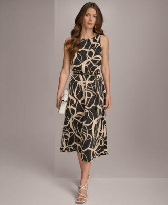 Donna Karan Womens Printed Sleeveless Belted Midi Dress Product Image
