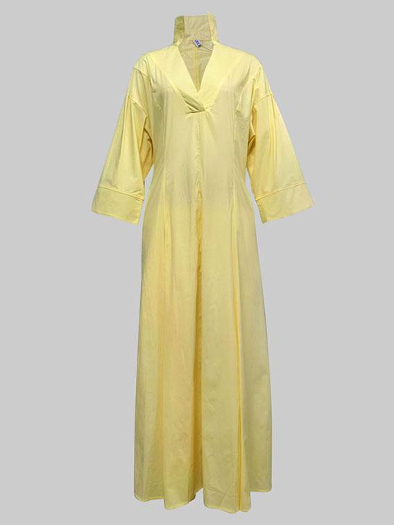 A-Line High Waisted Pleated Solid Color V-Neck Maxi Dresses Shirt Dress Product Image