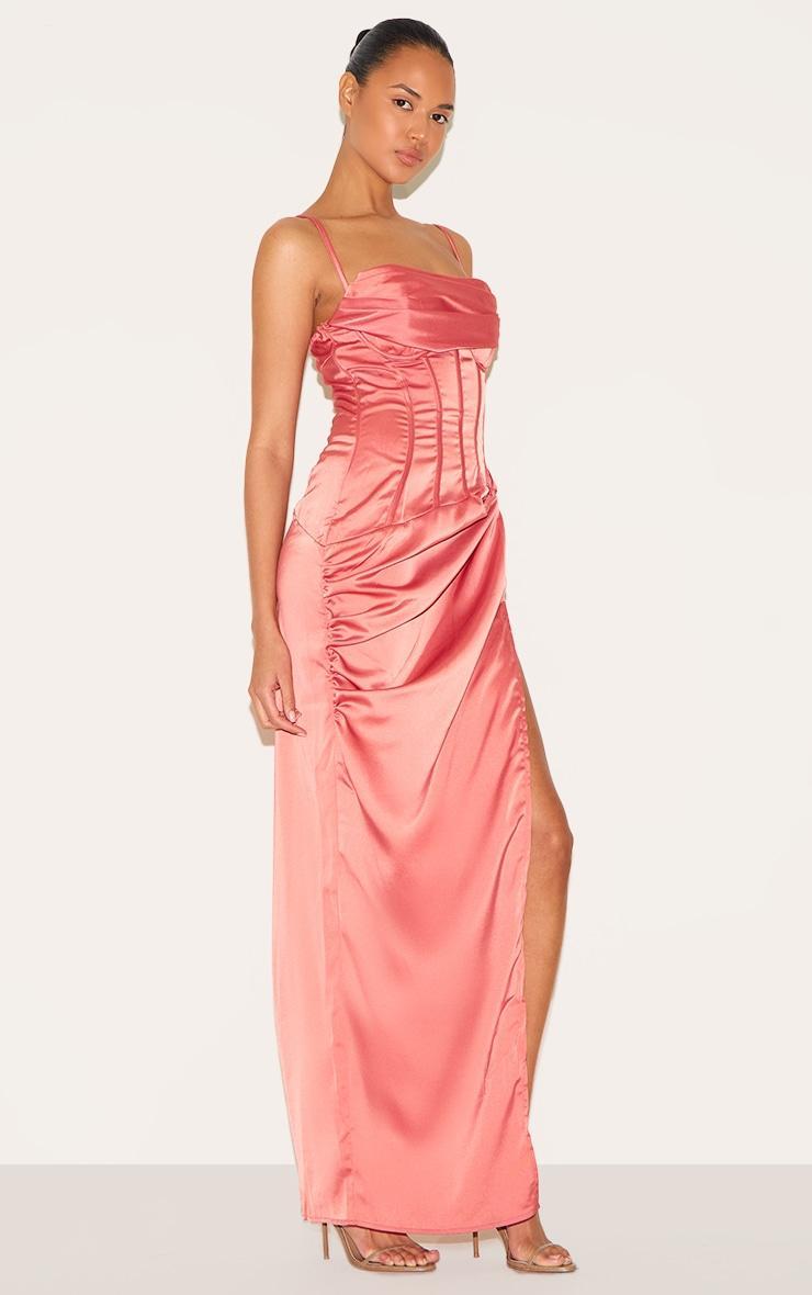 Coral Draped Corset Ruffle Gathered Dress Product Image