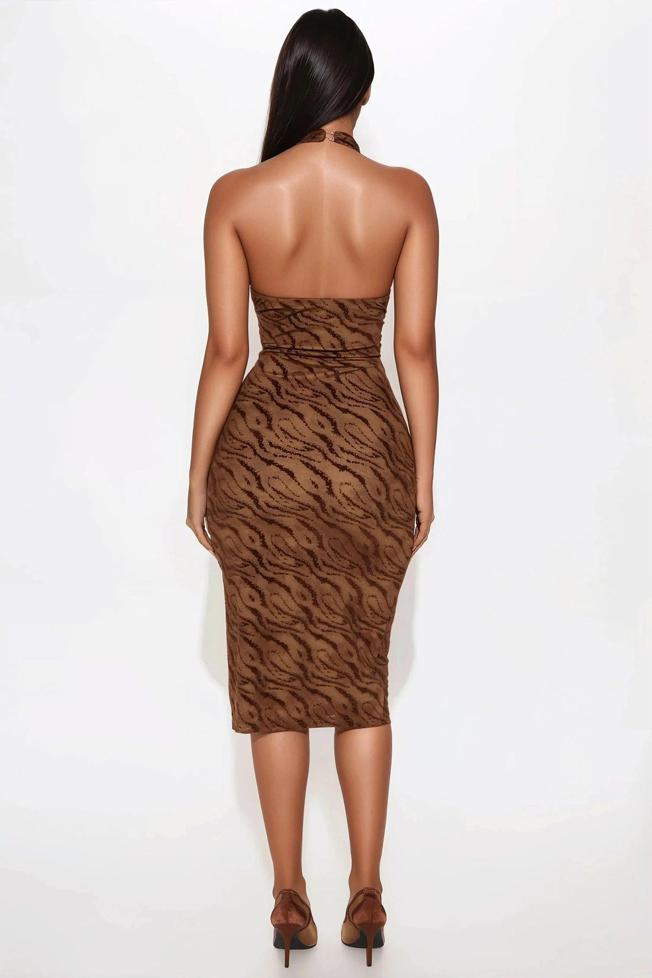 Hot Attraction Zebra Print Mesh Midi Dress - Brown Product Image