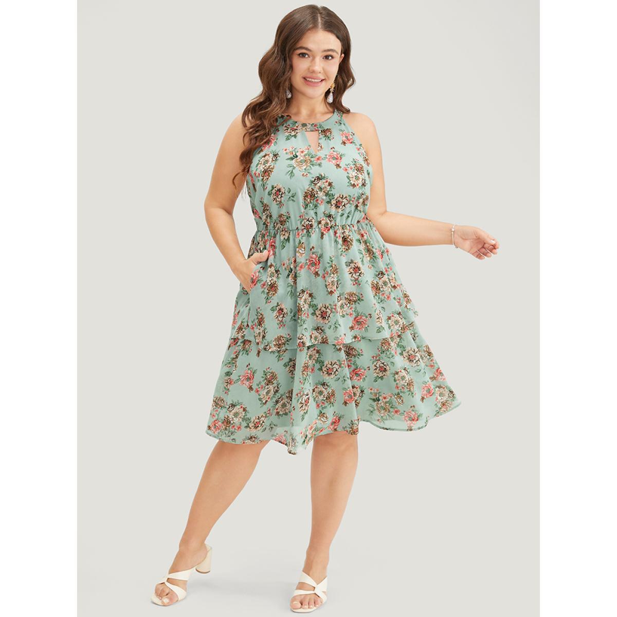 Plus Size Floral Pocket Ruffle Tiered Keyhole Knotted Halter Dress Mint Women Elegant Lined Halter neck Sleeveless Curvy Knee Dress BloomChic 10/M Product Image