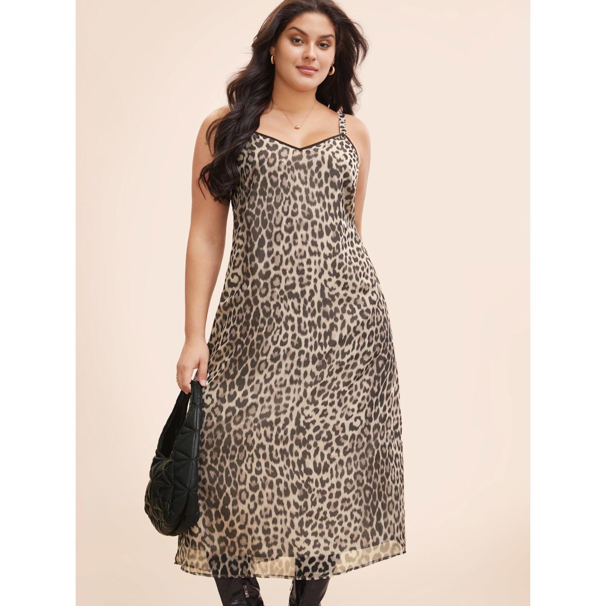Plus Size Leopard Print Mesh Cami Dress LightBrown Women At the Office See through V-neck Sleeveless Curvy BloomChic 28/5X Product Image