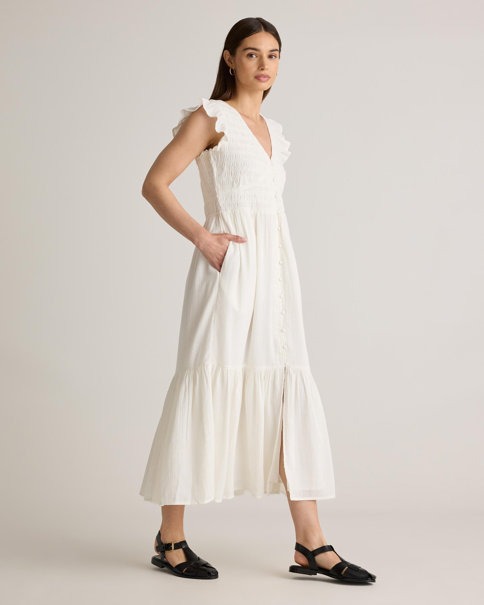 Quince | Women's Organic Textured Cotton Smocked V-Neck Midi Dress Size XL, Organic Cotton Product Image
