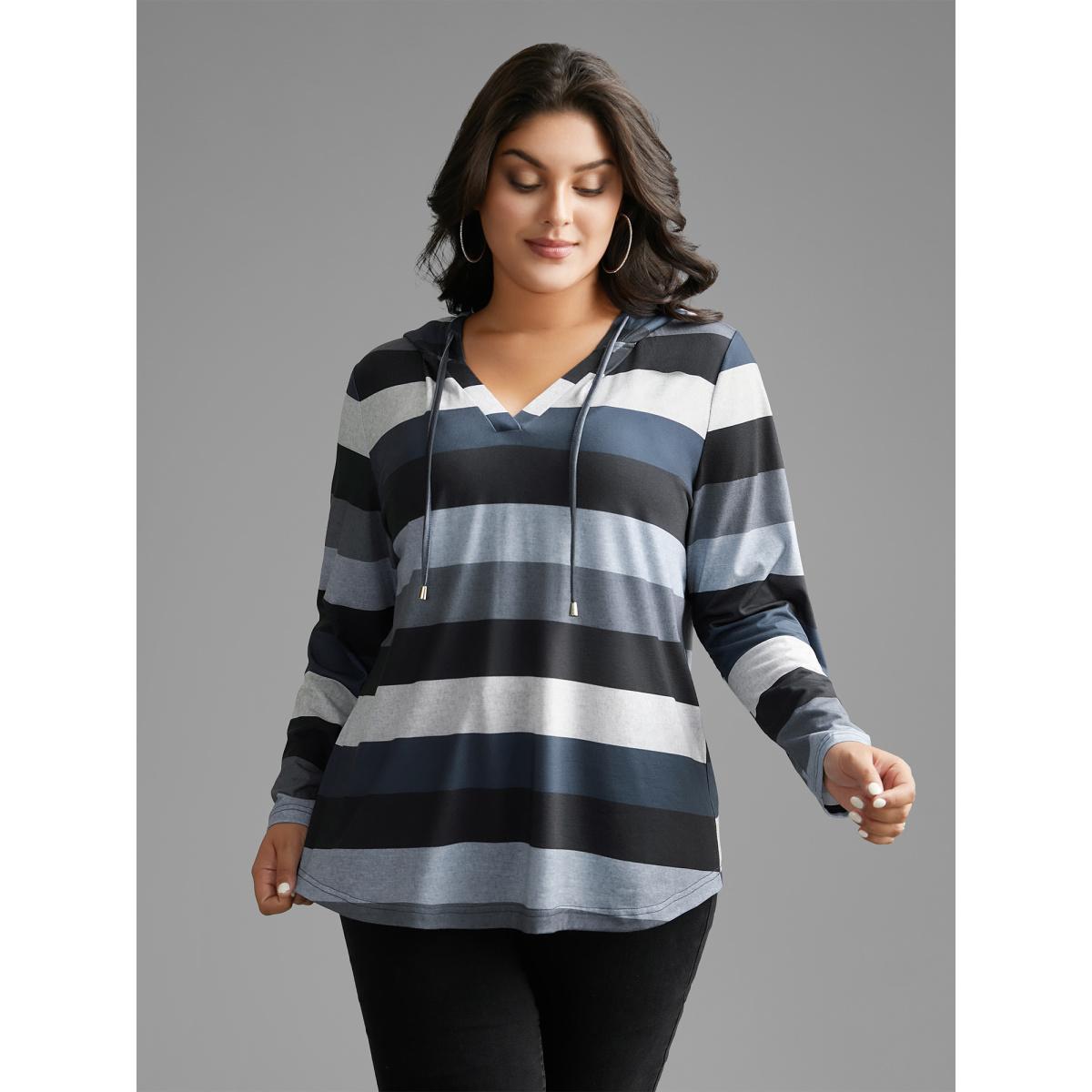 Plus Size Contrast Striped Hooded Drawstring T-shirt Black Women Casual Drawstring Hooded Everyday T-shirts BloomChic 12/L Product Image