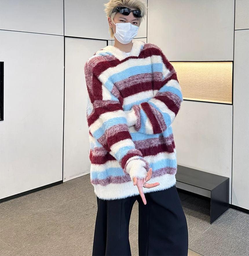 Drop-Shoulder Striped Hooded Sweater Product Image
