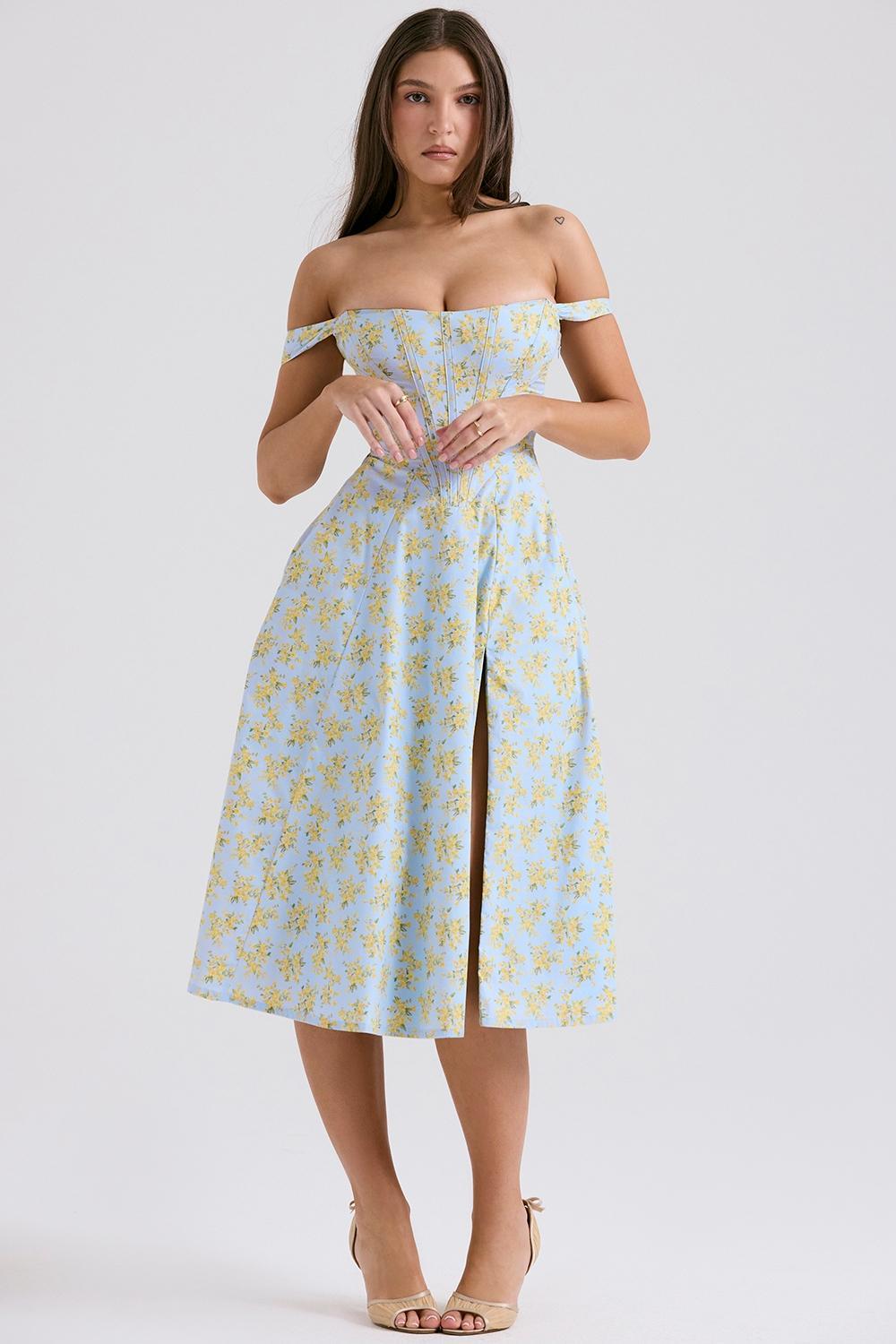 Saira Soft Blue Vintage Floral Print Cotton Midi Sundress Product Image