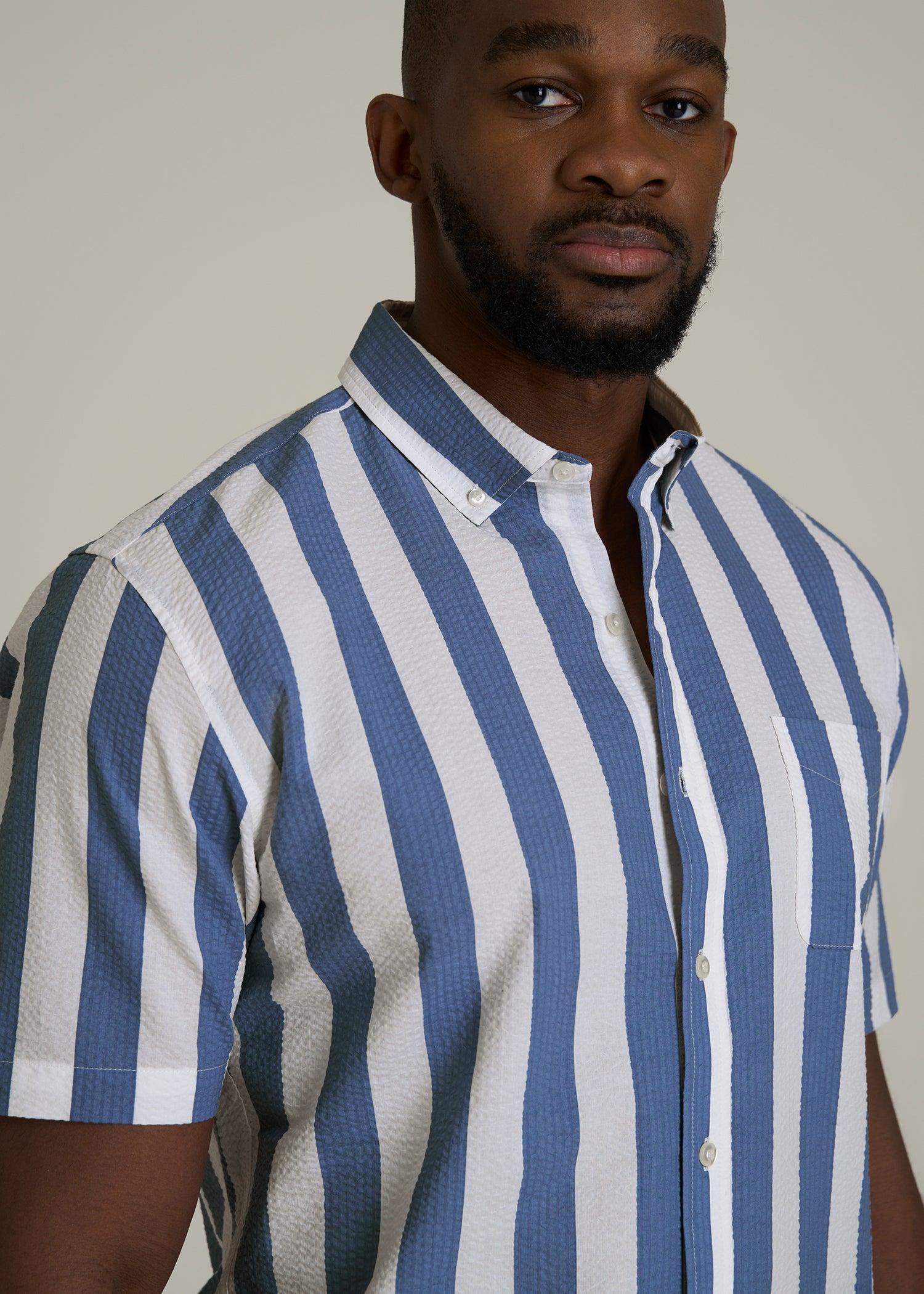 Seersucker Tall Men's Short Sleeve Shirt in Periwinkle Blue Stripe Product Image