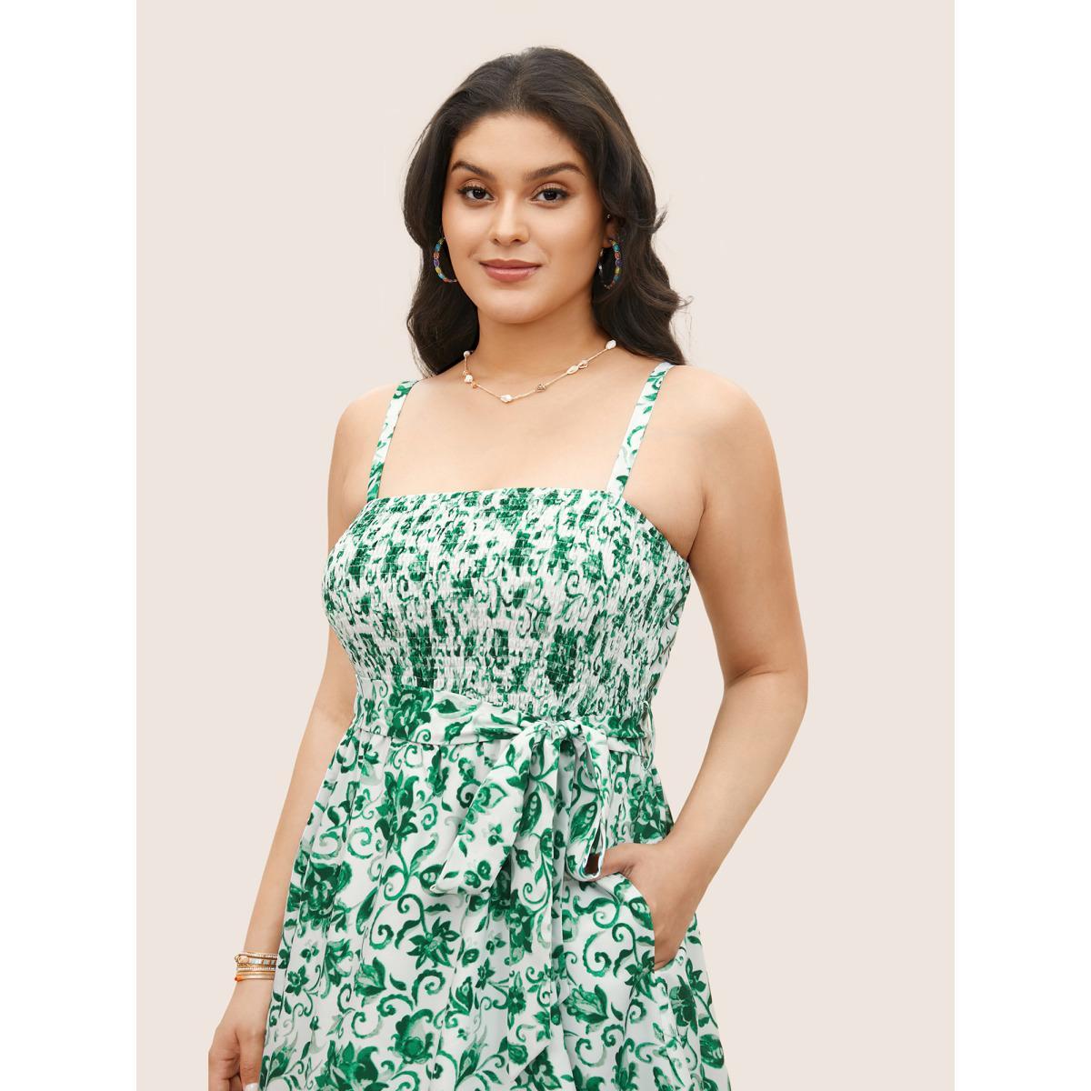 Plus Size Bandana Print Shirred Patchwork Pocket Cami Dress Green Women Resort Belted Non Sleeveless Curvy Midi Dress BloomChic 14-16/1X Product Image